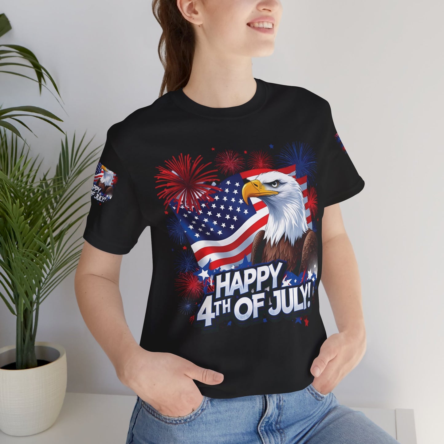 Happy 4th of July, Print Design, Unisex T-Shirt, Patriotic Print Design, Independence Day Shirt, Red White Blue Shirt, USA Tee Gift, Gift For Her, Gift For Him, American Flag, Bald Eagle