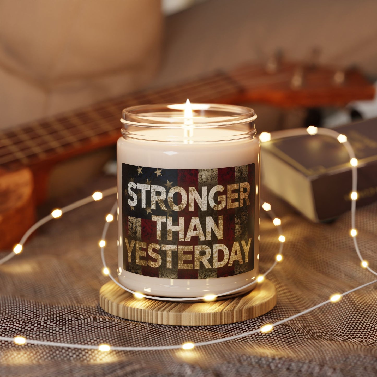 Scented Soy 9oz Candles - Stronger Than Yesterday Print - Vintage American Flag Background