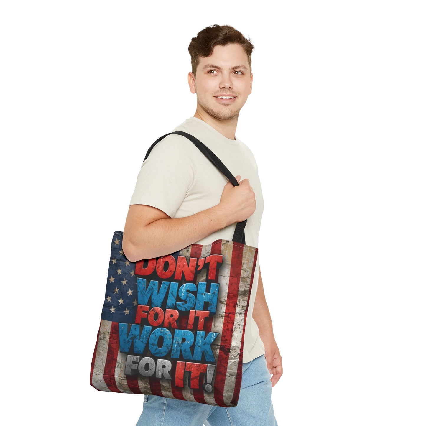 Motivational Tote Bag | American Flag Design | Don't Wish For It, Work For It | Gym, Grocery, Travel, Gifts, Everyday Carry