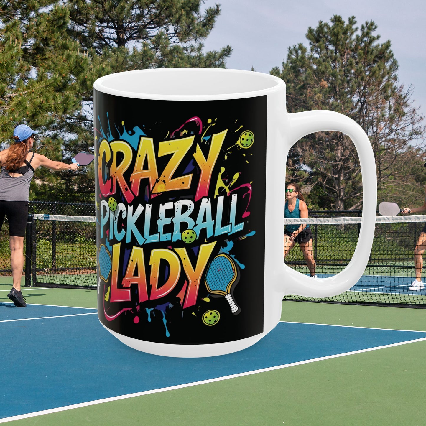 Colorful Crazy Pickleball Lady Mug, 11oz & 15oz, Fun Sports Gift for Pickleball Enthusiasts, Unique Ceramic Coffee Cup, Perfect for Birthdays