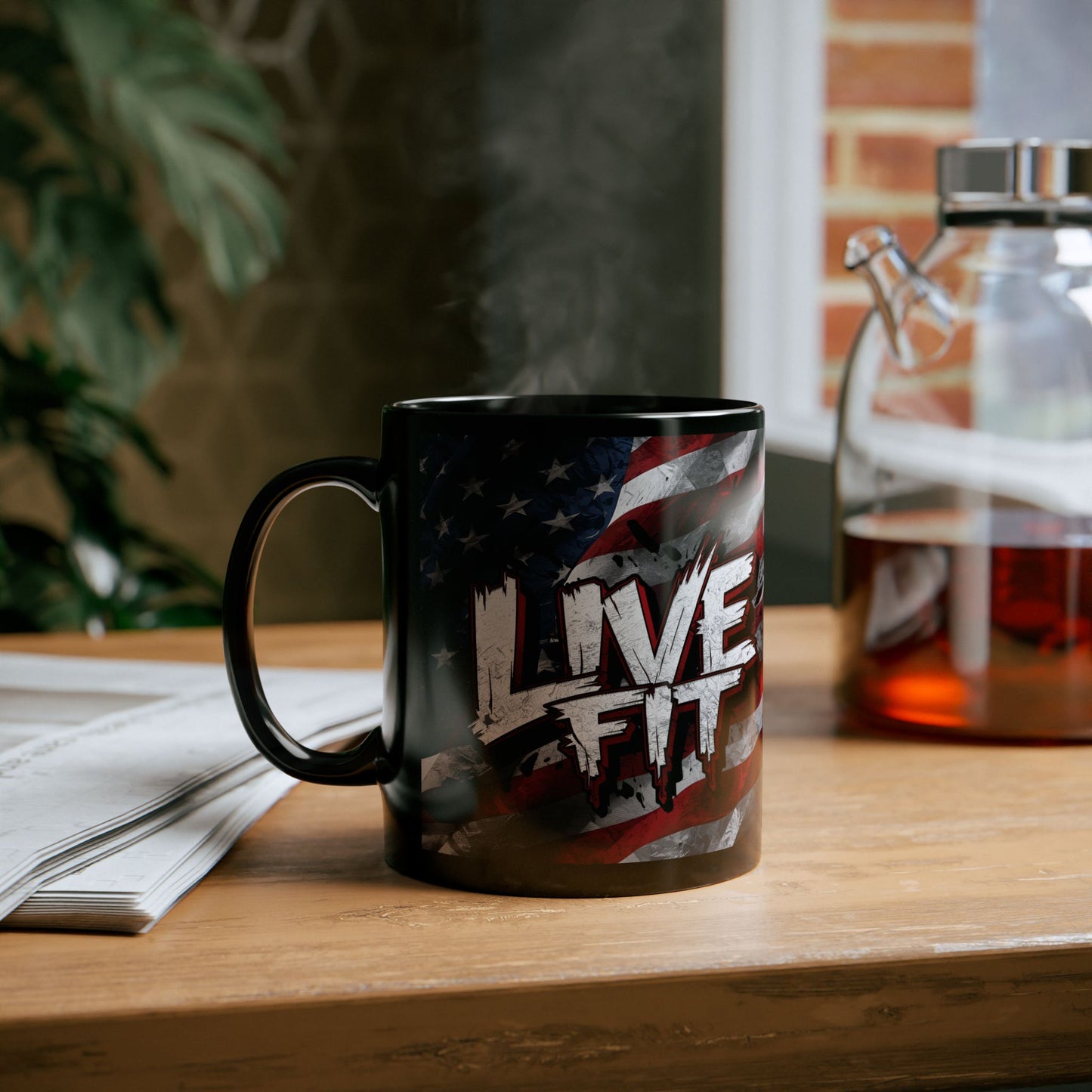 Stylish Black Ceramic Mug - LIVE FIT Design - American Flag Backdrop - Red White Blue