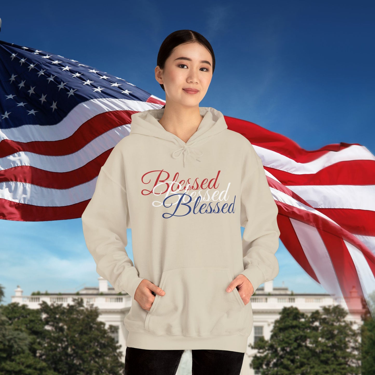 Blessed Hoodie – Patriotic Red, White & Blue Unisex Pullover Sweatshirt with Front & Back Print – Cozy, Positive Vibes Gift