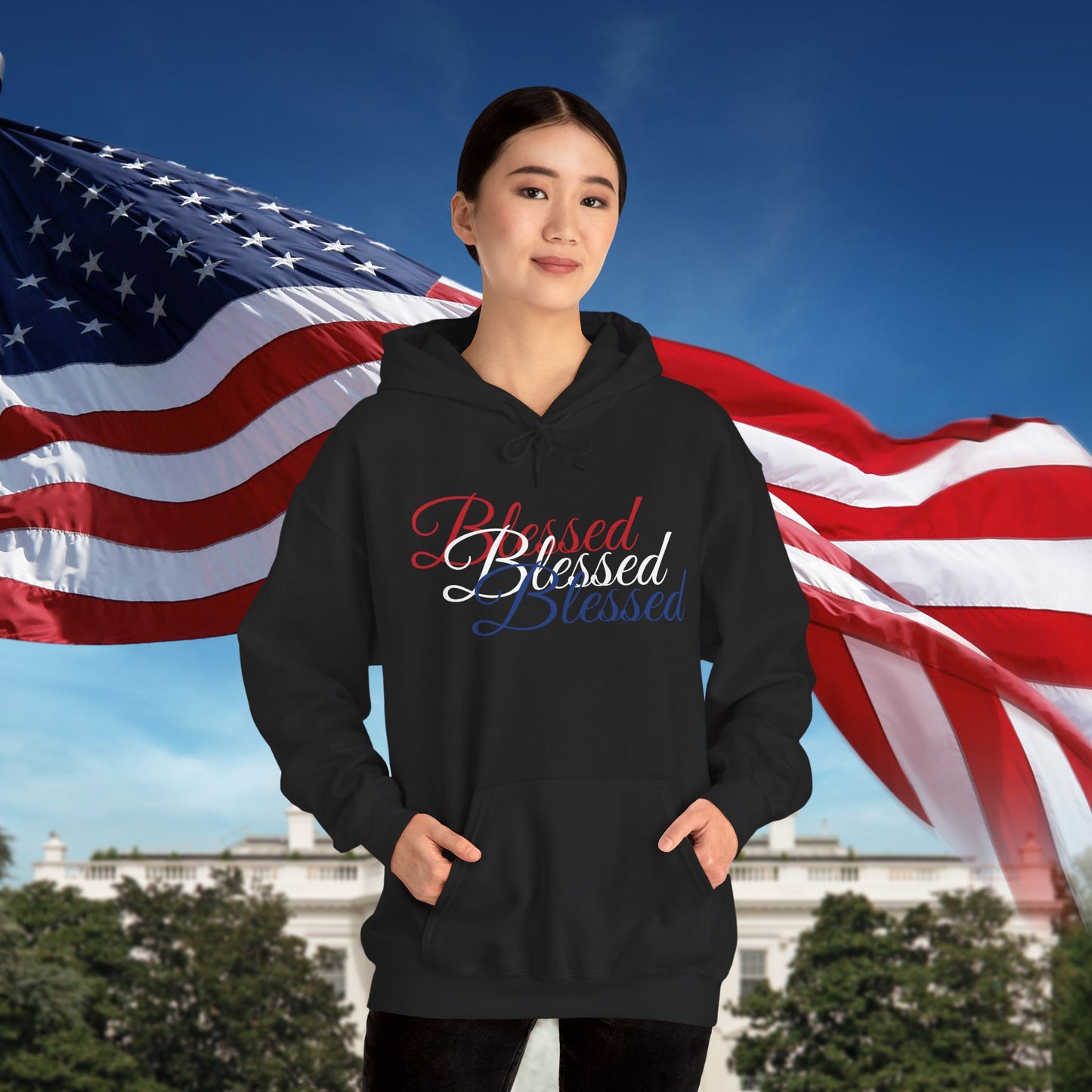 Blessed Hoodie – Patriotic Red, White & Blue Unisex Pullover Sweatshirt with Front & Back Print – Cozy, Positive Vibes Gift