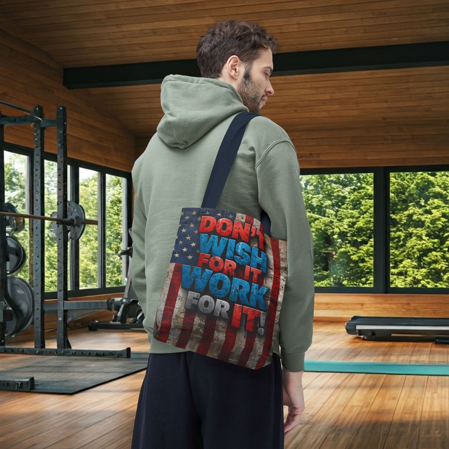 Motivational Tote Bag | American Flag Design | Don't Wish For It, Work For It | Gym, Grocery, Travel, Gifts, Everyday Carry