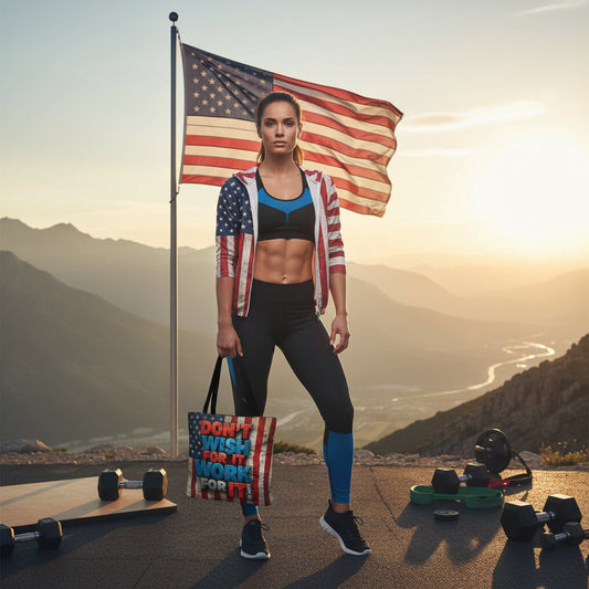 Motivational Tote Bag | American Flag Design | Don't Wish For It, Work For It | Gym, Grocery, Travel, Gifts, Everyday Carry
