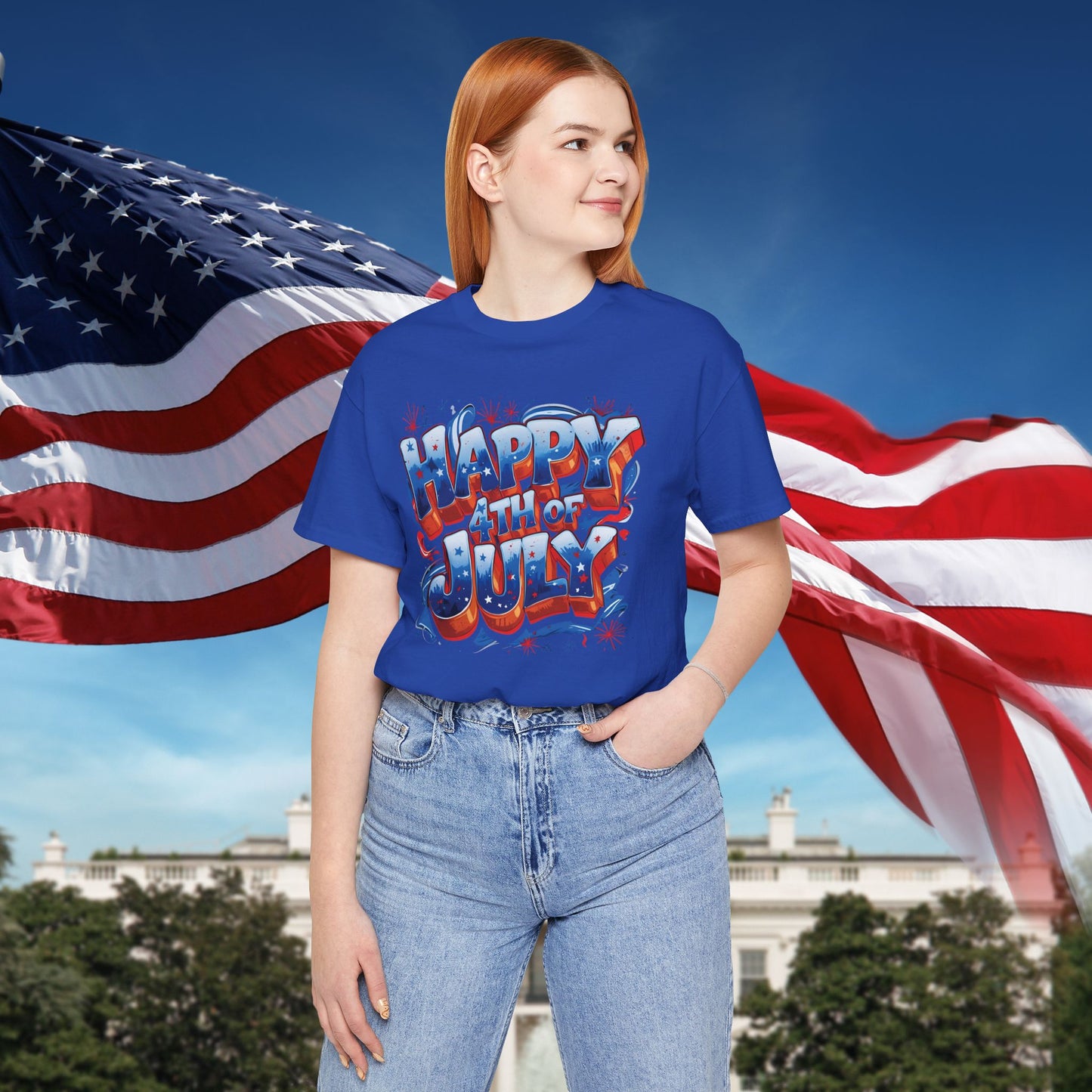 Happy 4th Of July, Print Design T-Shirt, Independence Day, American Flag, Bald Eagle, Red White Blue