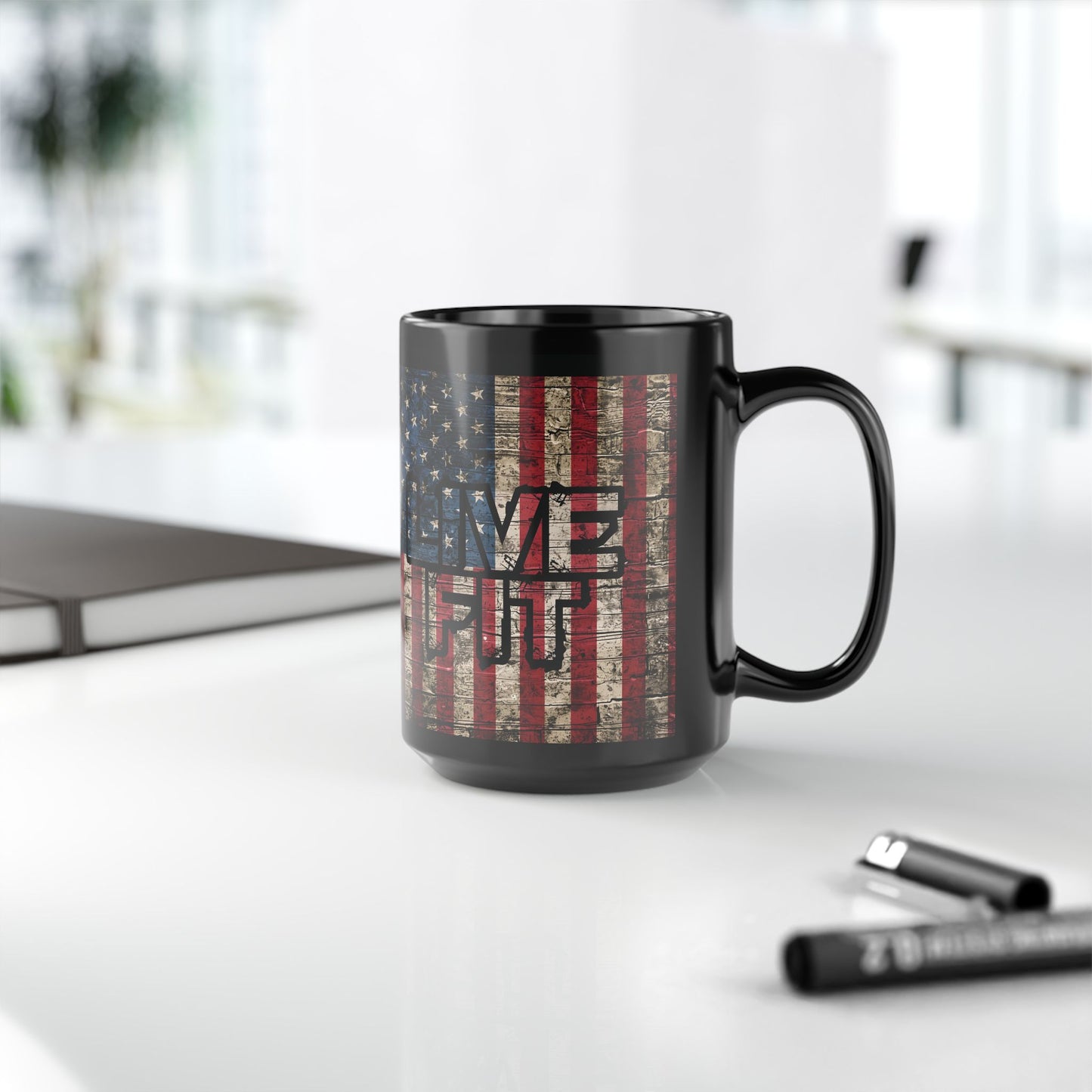 Sleek - Ceramic Black Mug - LIVE FIT - Vintage American Flag Backdrop Design - Gift for Patriots and Coffee Lovers - 11oz - 15oz -