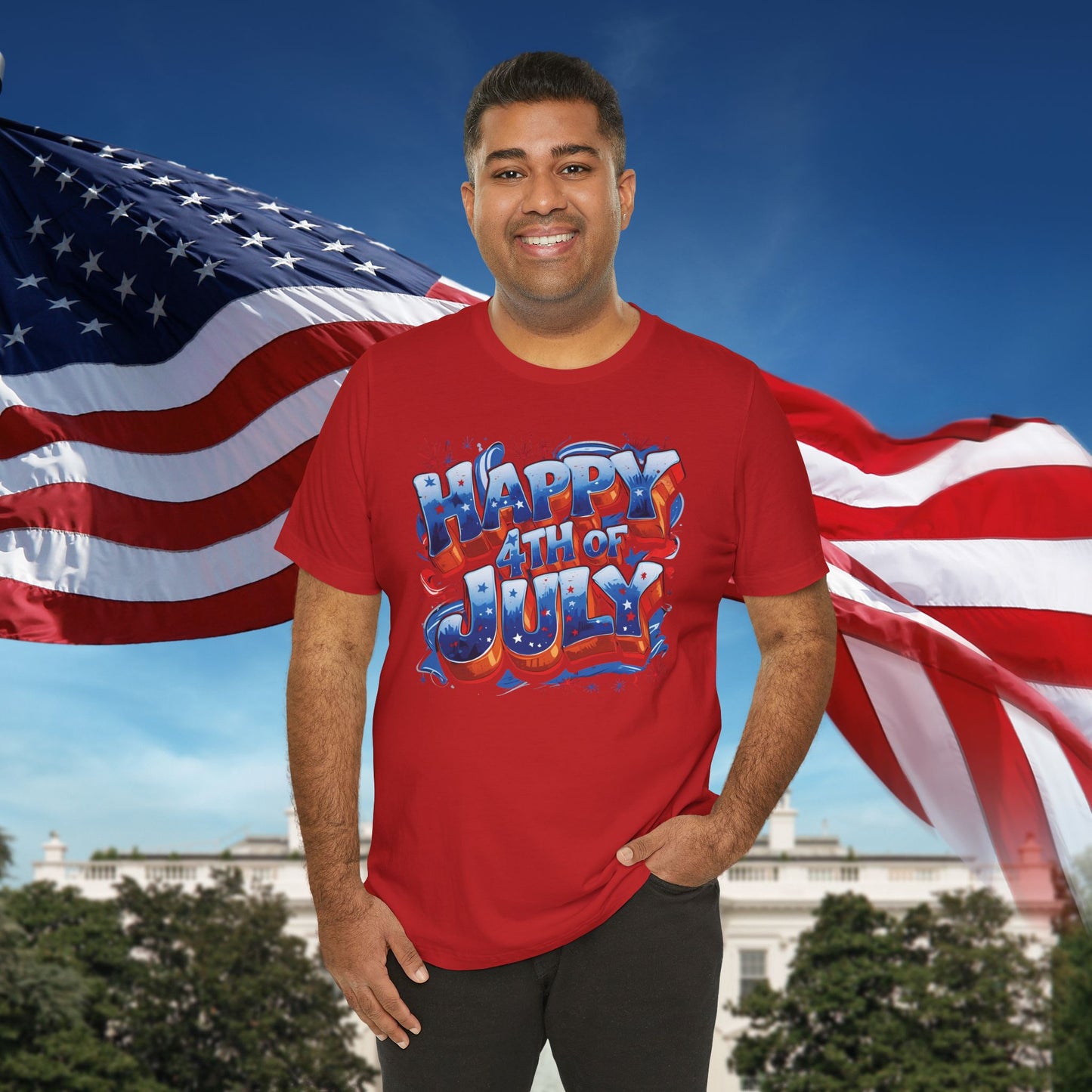 Happy 4th Of July, Print Design T-Shirt, Independence Day, American Flag, Bald Eagle, Red White Blue
