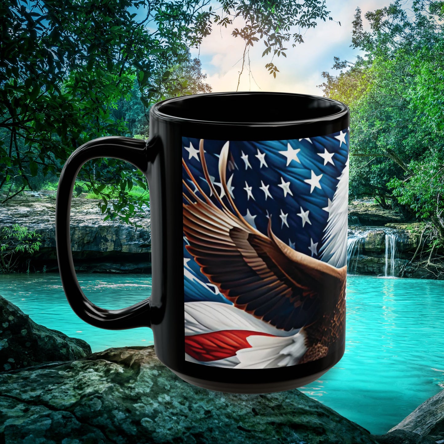 Eye-Catching Patriotic Bald Eagle American Flag Red White & Blue Black Mug 11oz & 15oz Perfect for Celebrations and Gifting