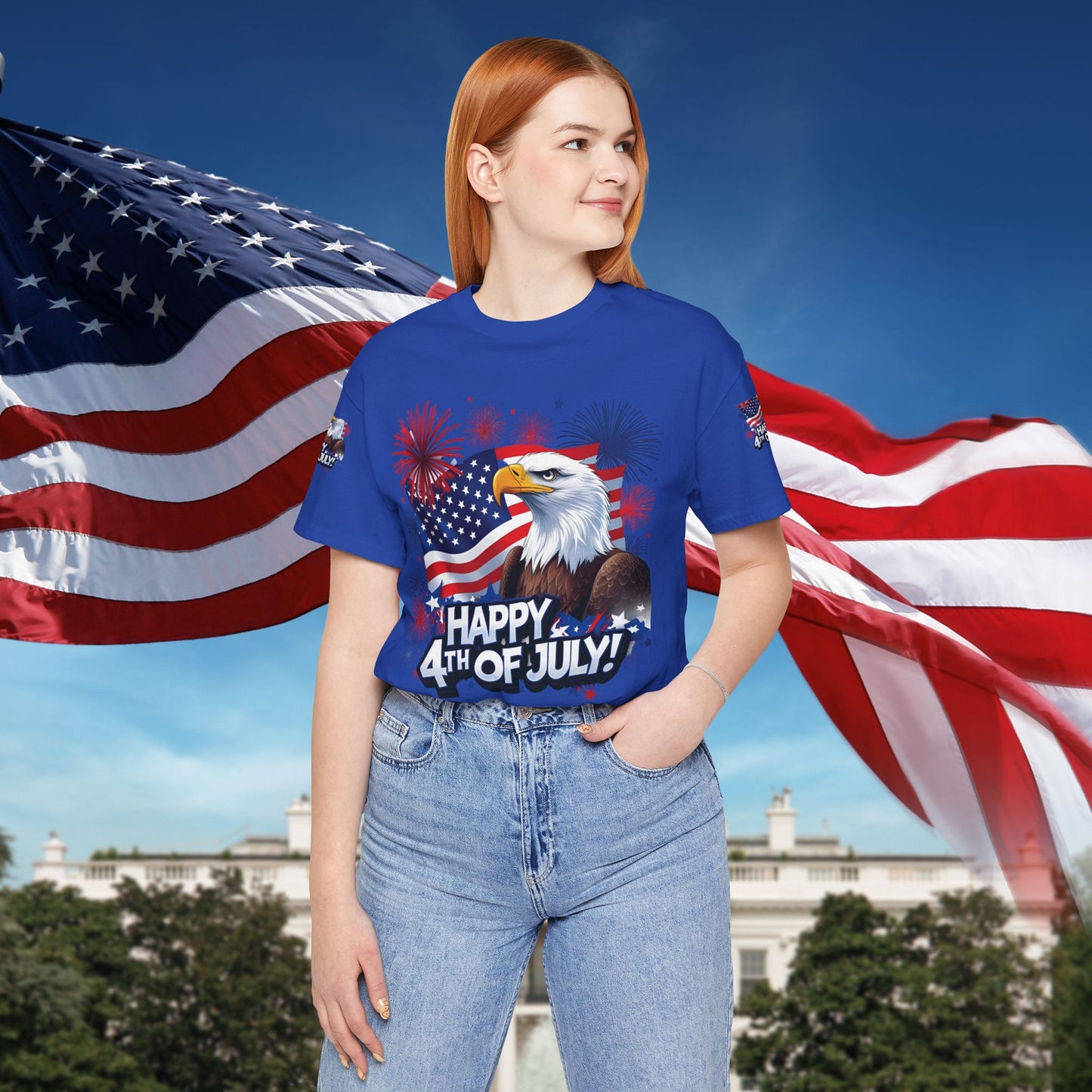 Happy 4th of July, Print Design, Unisex T-Shirt, Patriotic Print Design, Independence Day Shirt, Red White Blue Shirt, USA Tee Gift, Gift For Her, Gift For Him, American Flag, Bald Eagle