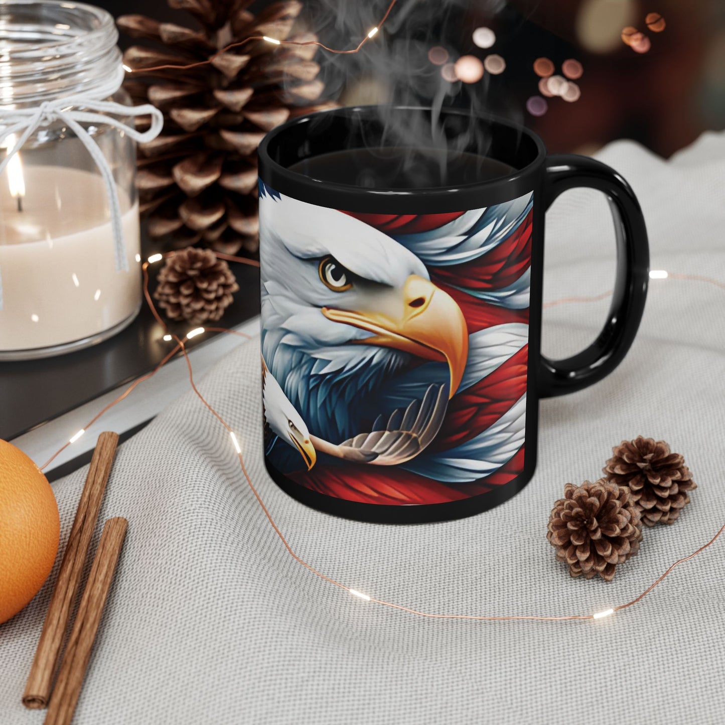 Eye-Catching Patriotic Bald Eagle American Flag Red White & Blue Black Mug 11oz & 15oz Perfect for Celebrations and Gifting