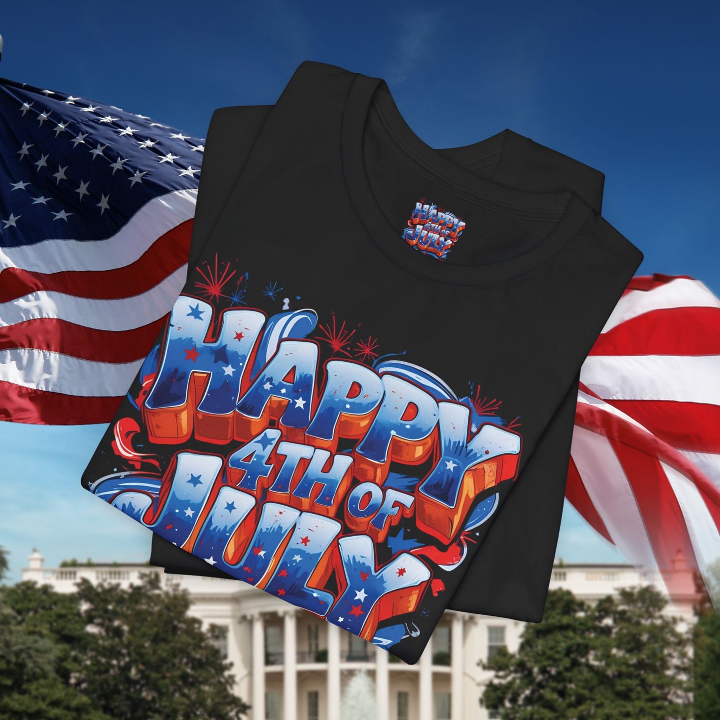 Happy 4th Of July, Print Design T-Shirt, Independence Day, American Flag, Bald Eagle, Red White Blue