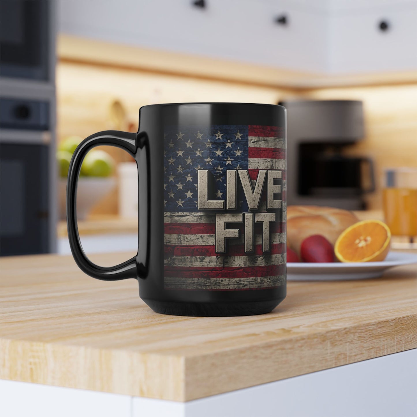 Black Mug - Patriotic Ceramic Coffee Mug - LIVE FIT - Vintage American Flag Backdrop Design - Red White Blue - 11oz or 15oz
