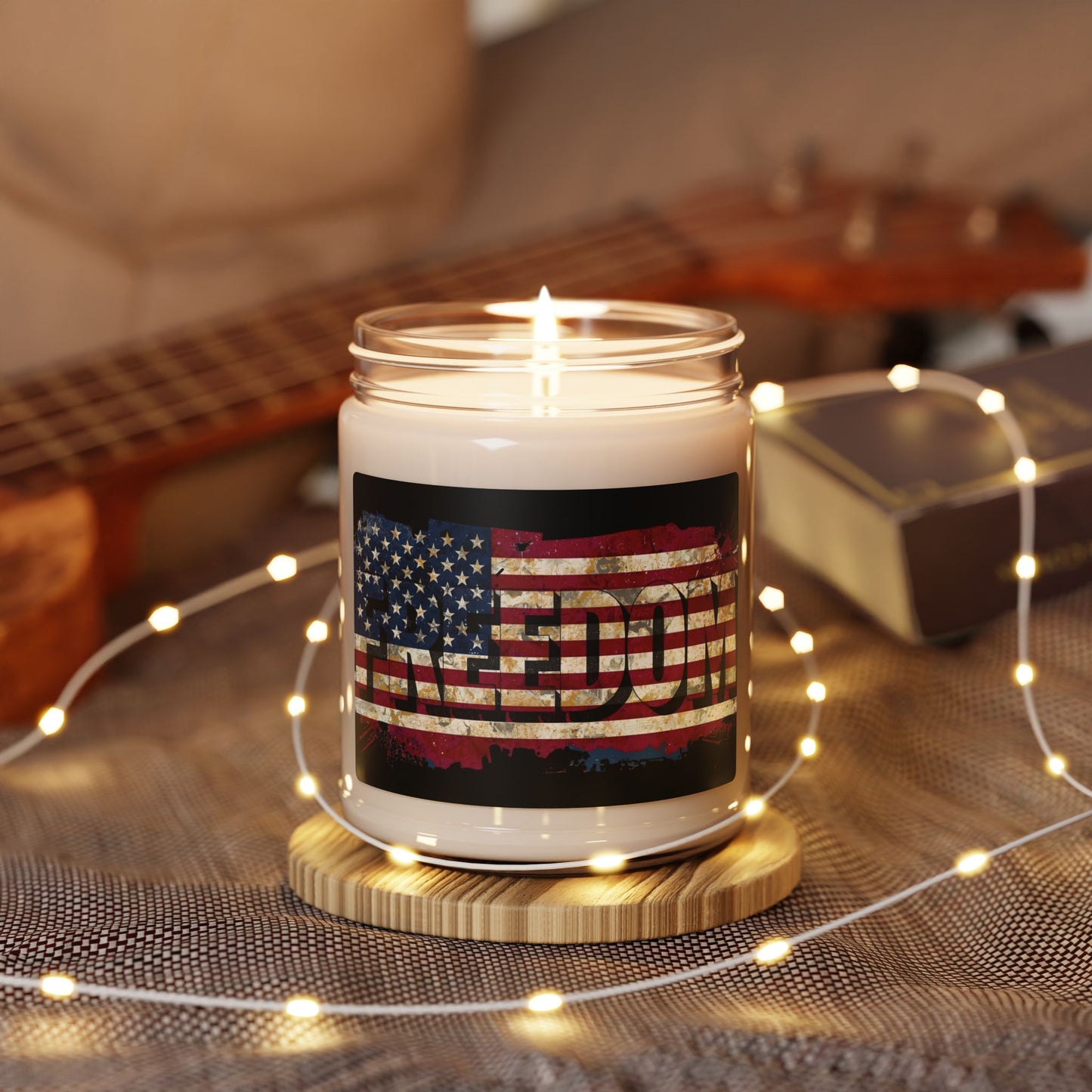 Freedom Scented Soy Candle - Vintage American Flag Red White & Blue Backdrop - Eco-Friendly - 50-60 Hours Burning Time - Reusable Glass Vessel -