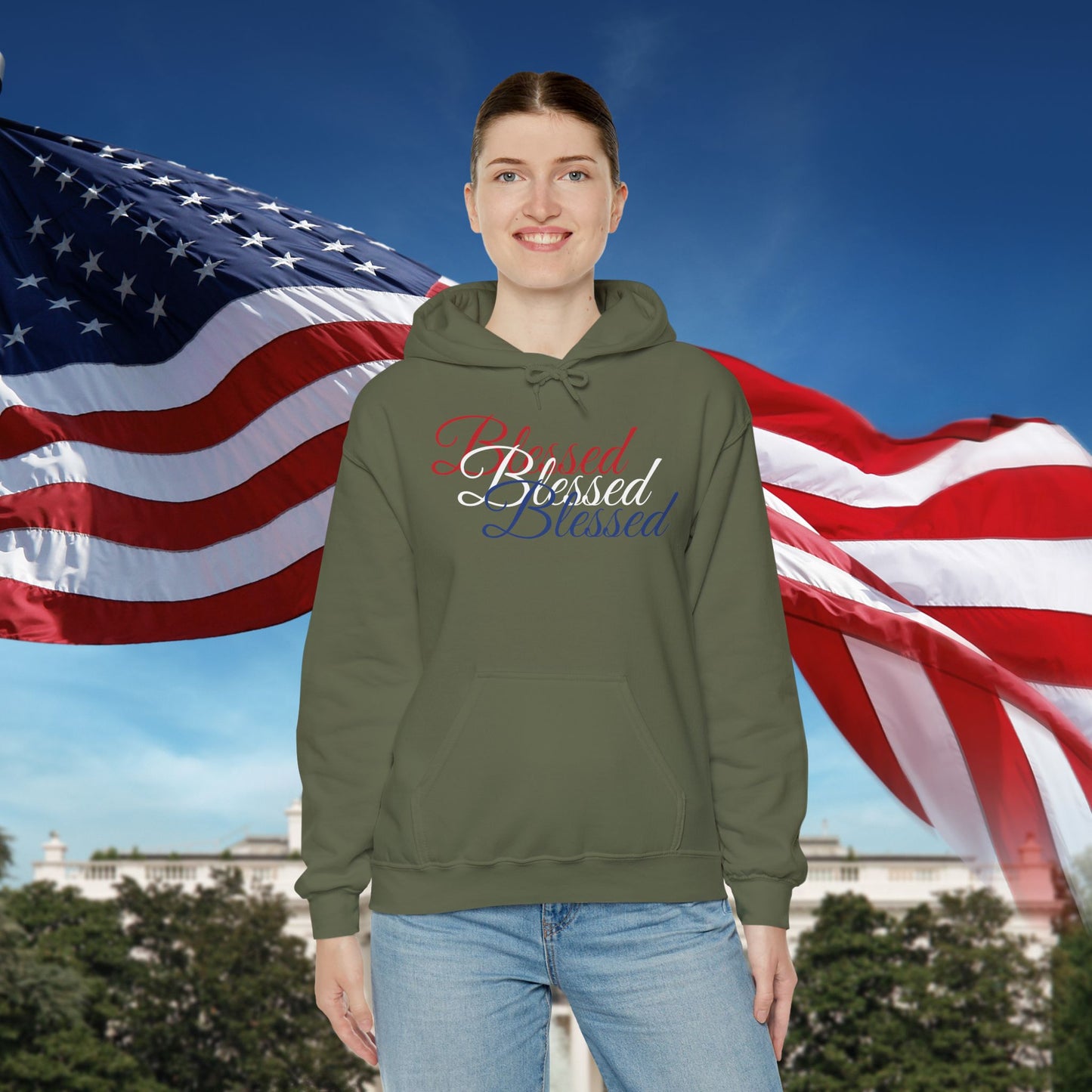 Blessed Hoodie – Patriotic Red, White & Blue Unisex Pullover Sweatshirt with Front & Back Print – Cozy, Positive Vibes Gift