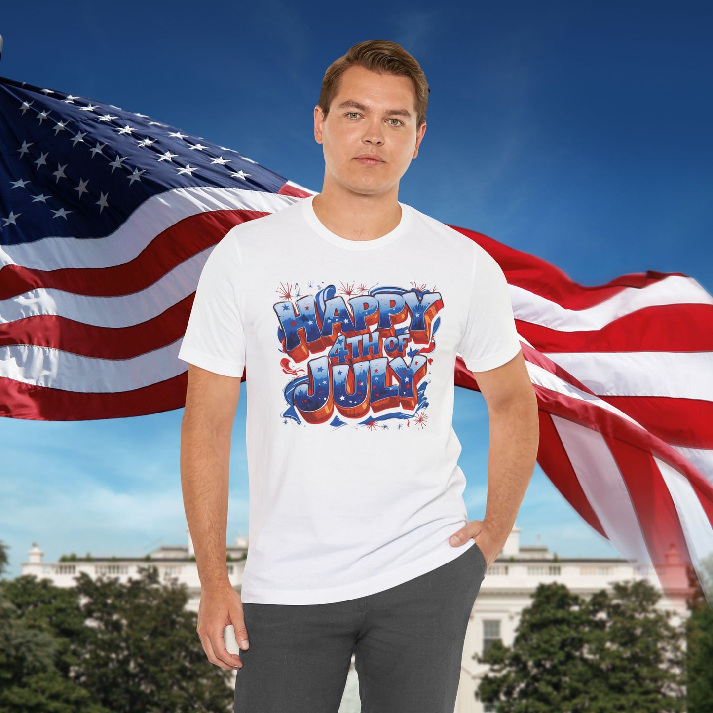 Happy 4th Of July, Print Design T-Shirt, Independence Day, American Flag, Bald Eagle, Red White Blue
