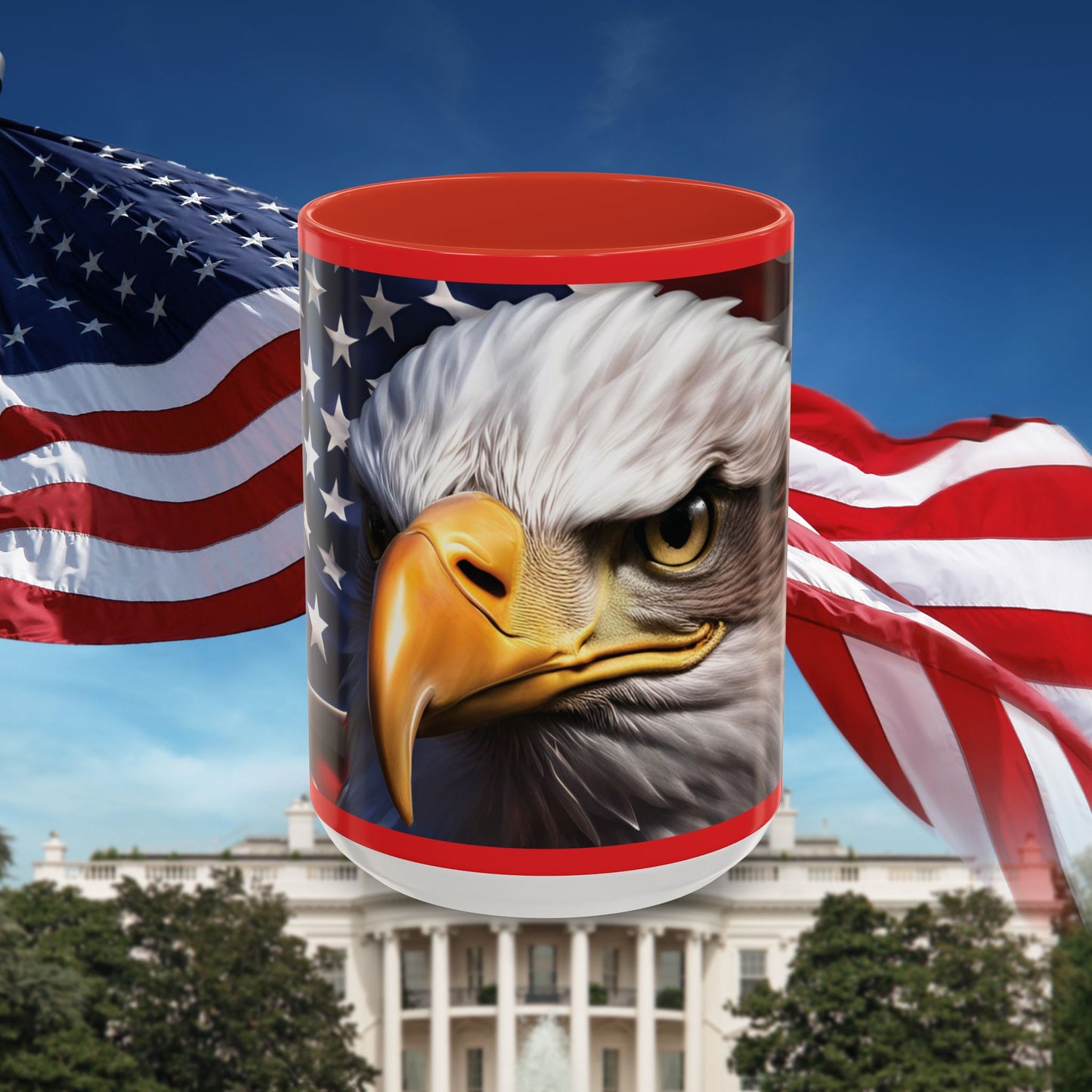 Patriotic Bald Eagle Coffee Mug – American Flag Accent Cup for Proud Americans & Veterans (11oz & 15oz, Multiple Colors)