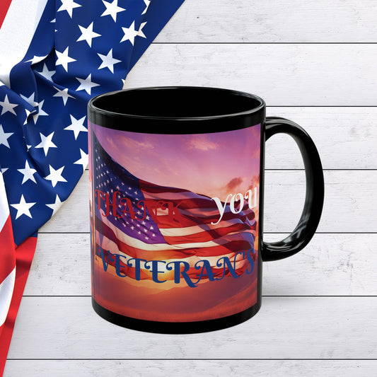 Thank You Veterans! - Black Ceramic Coffee Mug β American Flag - Red White & Blue - Sunset Design - (11oz & 15oz)