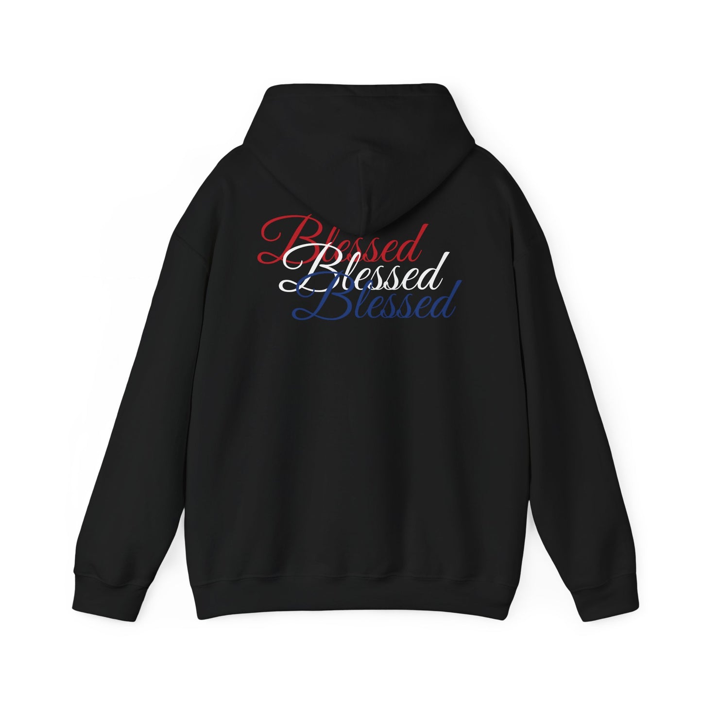 Blessed Hoodie – Patriotic Red, White & Blue Unisex Pullover Sweatshirt with Front & Back Print – Cozy, Positive Vibes Gift