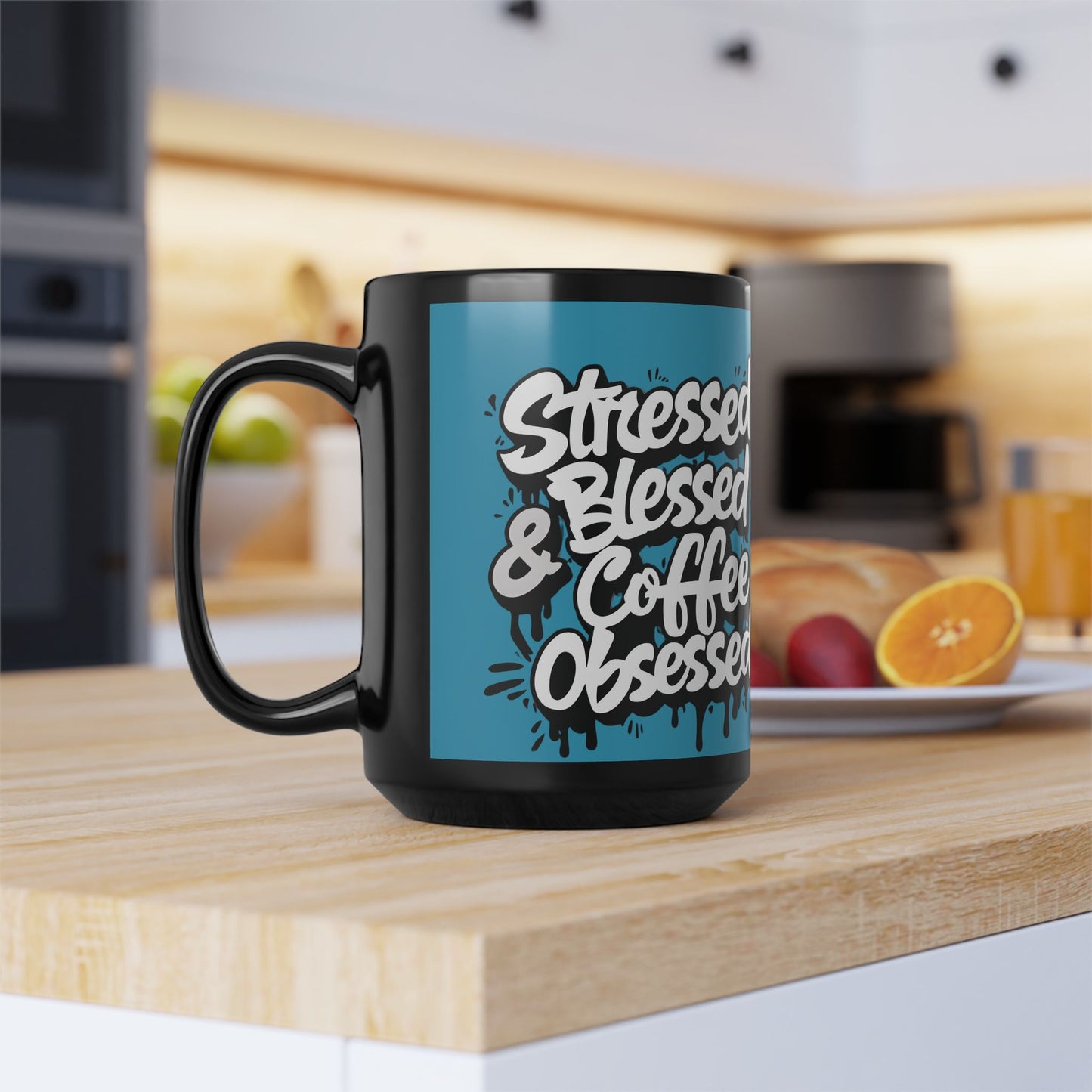 Coffee Lover's 11oz & 15oz Sleek Black Ceramic Mug - Stressed, Blessed & Coffee Obsessed Print, Gift for Coffee Lovers, Gift For Her, Inspirational Mug, Home & Office, Fun Gift Idea