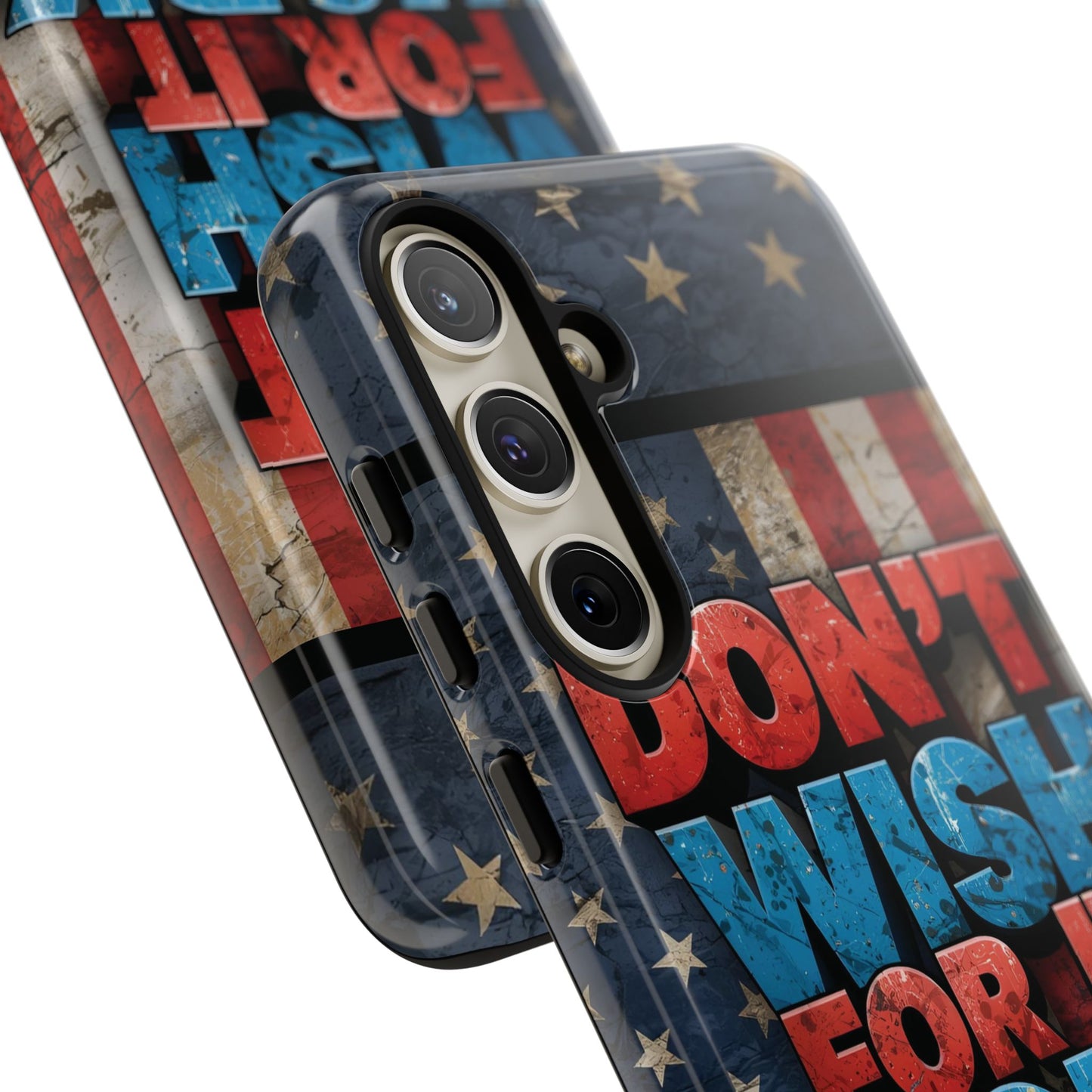Motivational Phone Case - Don't Wish for It, Work for It | Patriotic Design, Gift for Fitness Lovers, USA Flag, Inspirational Decor