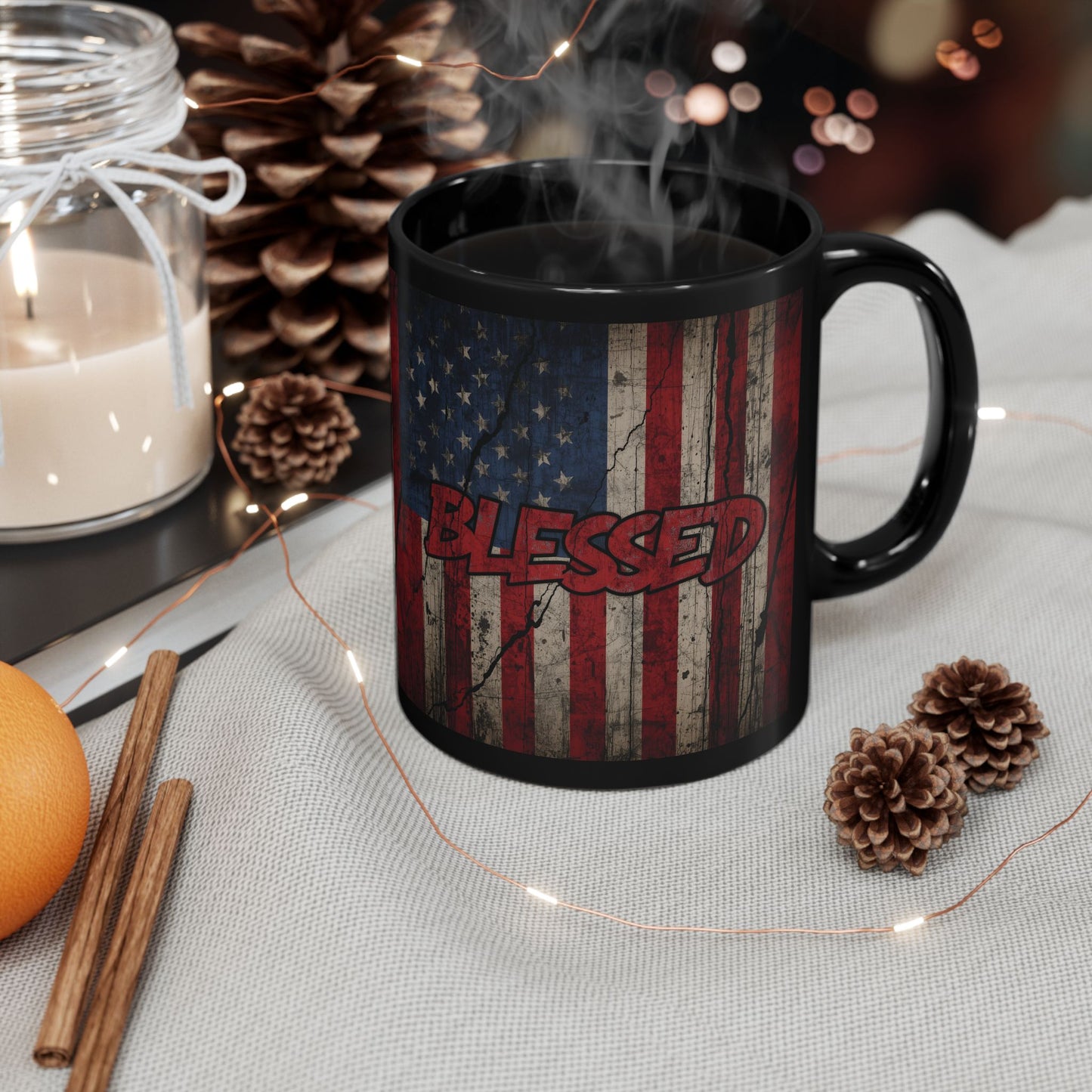 Sleek Patriotic Blessed Mug - 11oz & 15oz - American Flag Design, Perfect for Gifts, Coffee Lovers, July 4th, Home Decor, Rustic Style