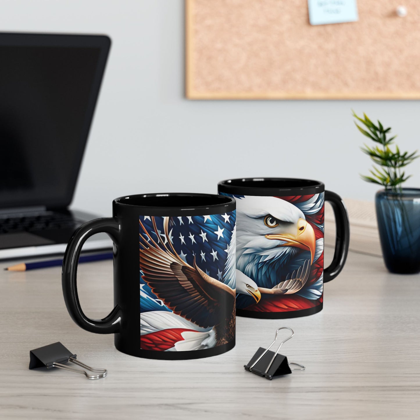 Eye-Catching Patriotic Bald Eagle American Flag Red White & Blue Black Mug 11oz & 15oz Perfect for Celebrations and Gifting