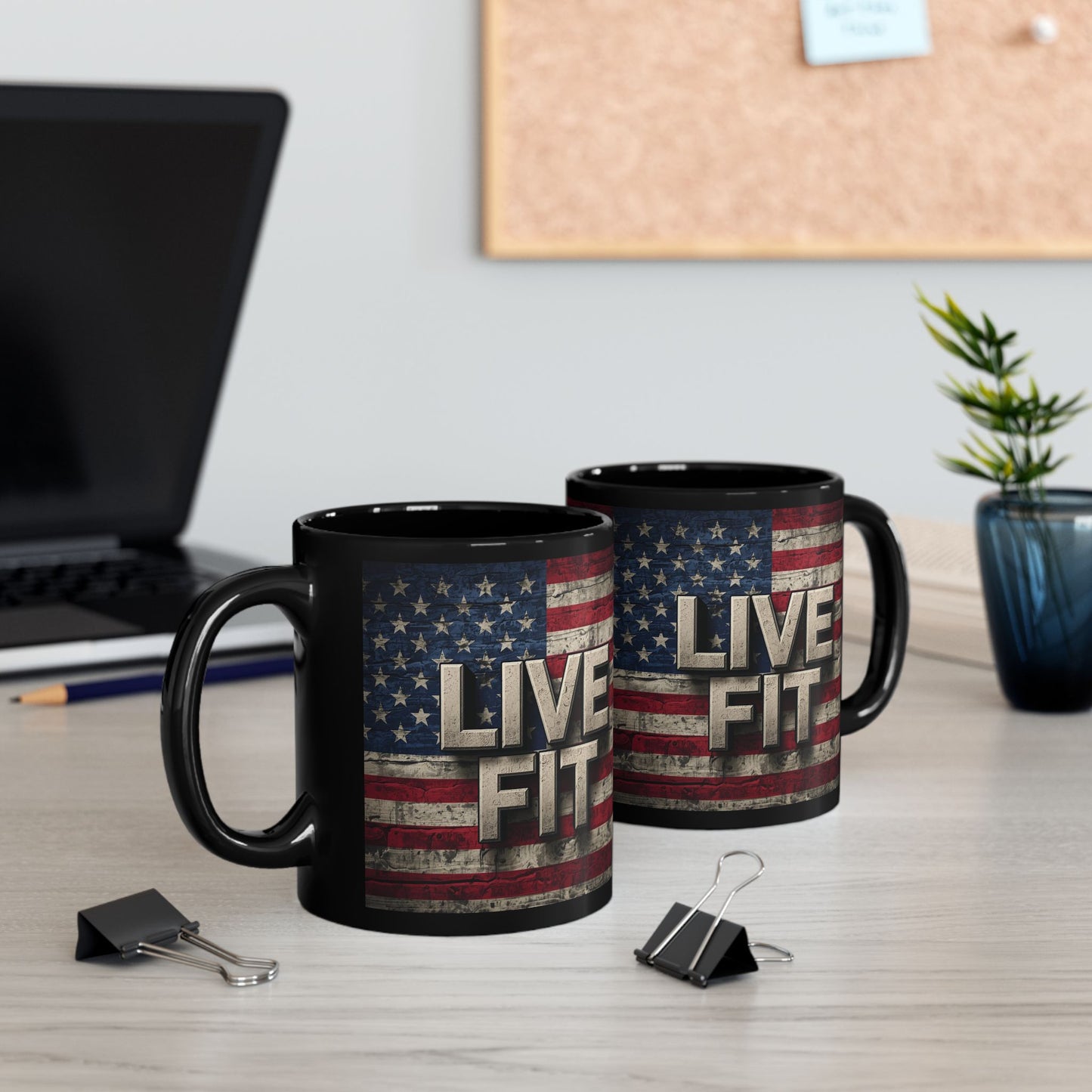 Black Mug - Patriotic Ceramic Coffee Mug - LIVE FIT - Vintage American Flag Backdrop Design - Red White Blue - 11oz or 15oz