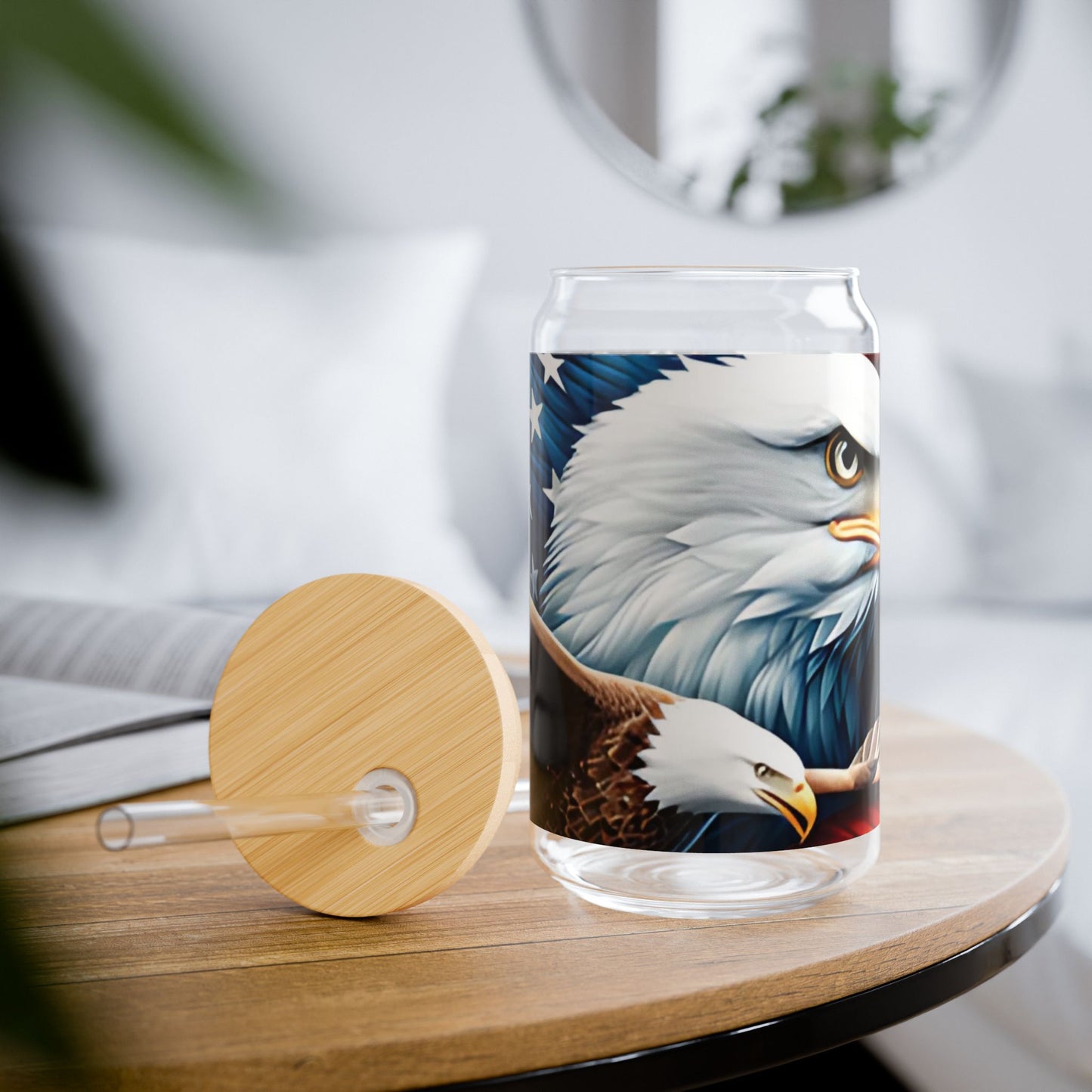 Patriotic American Eagle Sipper Glass - 16oz with Bamboo Lid & Straw - USA Gift