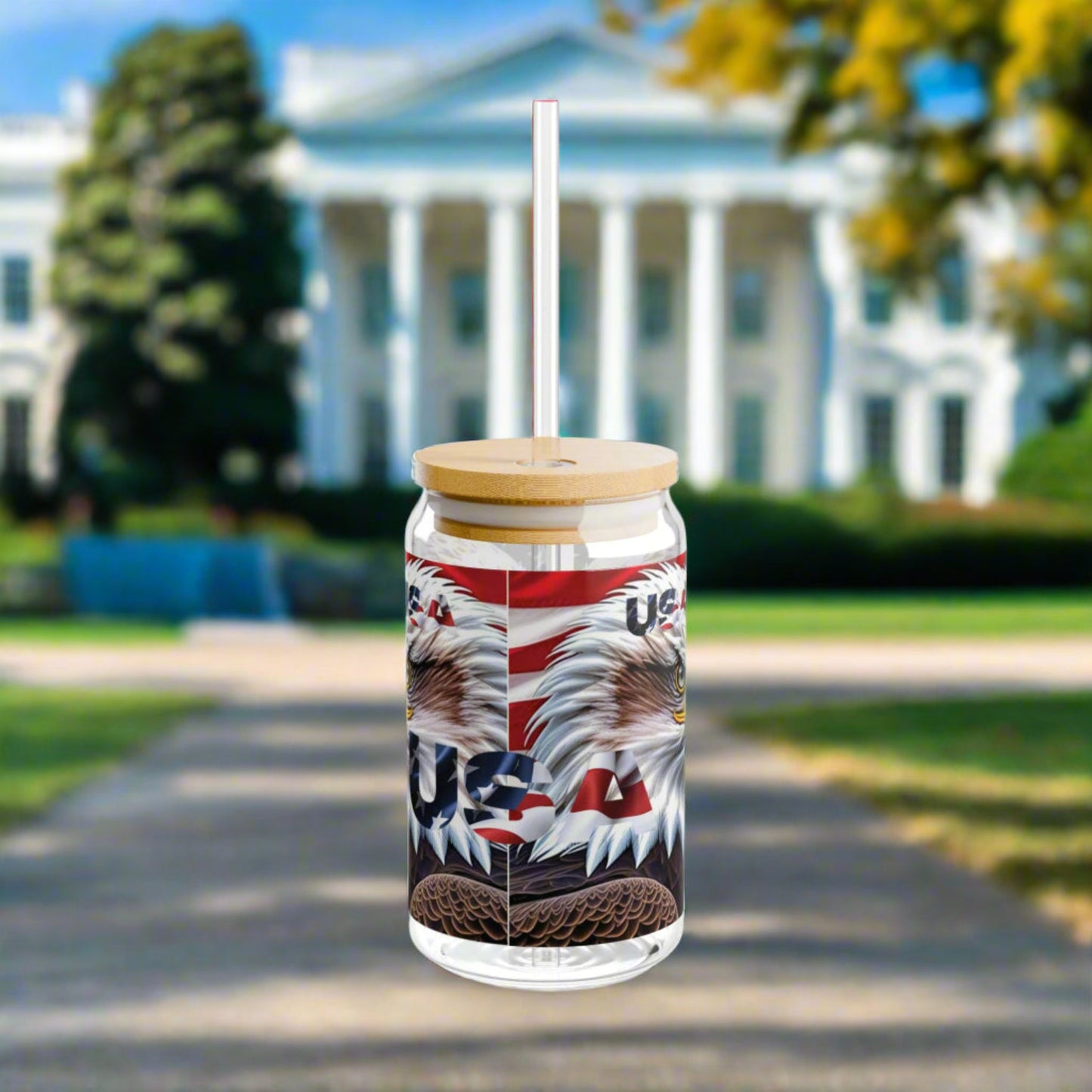 💥Patriotic 💥 USA 💥 Bald Eagles 💥 16oz 💥 Sipper Glass💥 with BPA-Free Tritan Straw & 💥 Bamboo Lid 💥