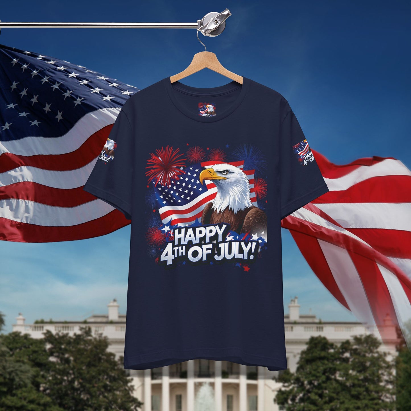 Happy 4th of July, Print Design, Unisex T-Shirt, Patriotic Print Design, Independence Day Shirt, Red White Blue Shirt, USA Tee Gift, Gift For Her, Gift For Him, American Flag, Bald Eagle