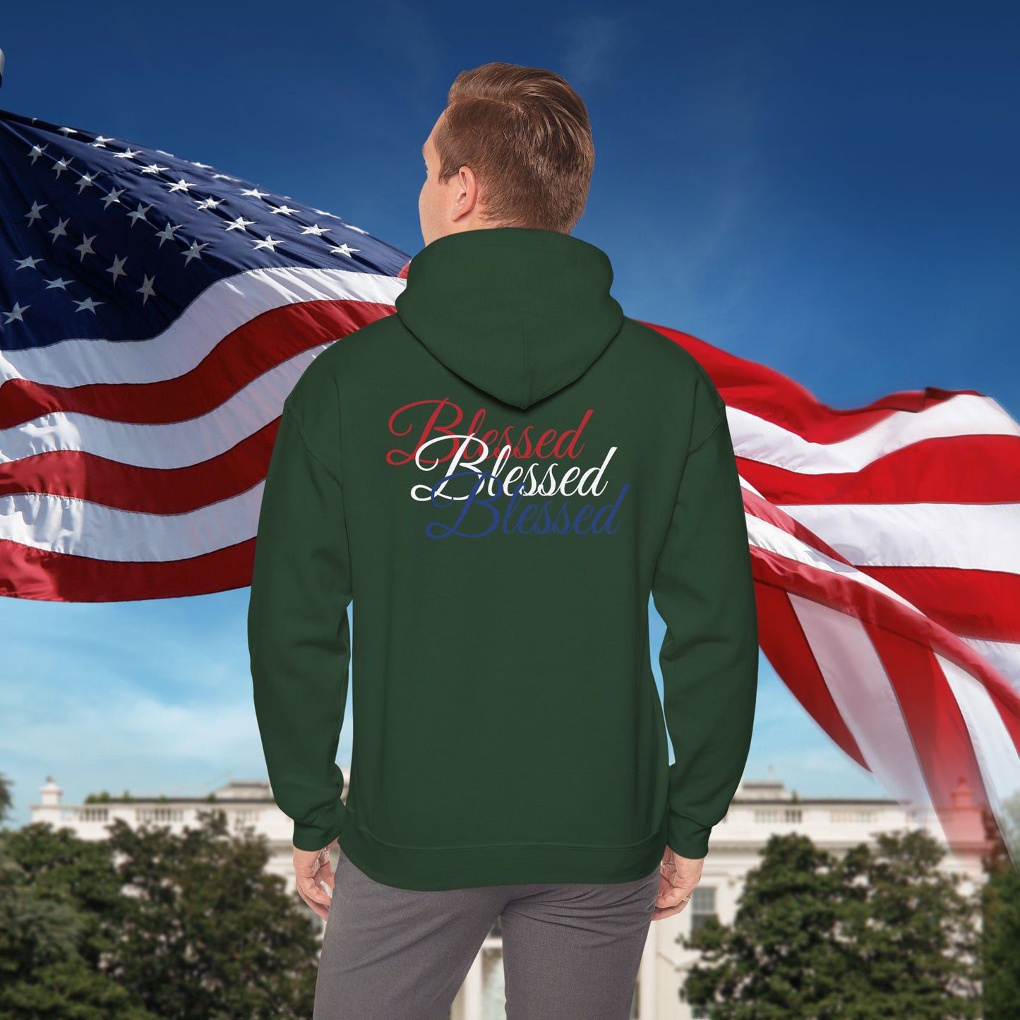 Blessed Hoodie – Patriotic Red, White & Blue Unisex Pullover Sweatshirt with Front & Back Print – Cozy, Positive Vibes Gift