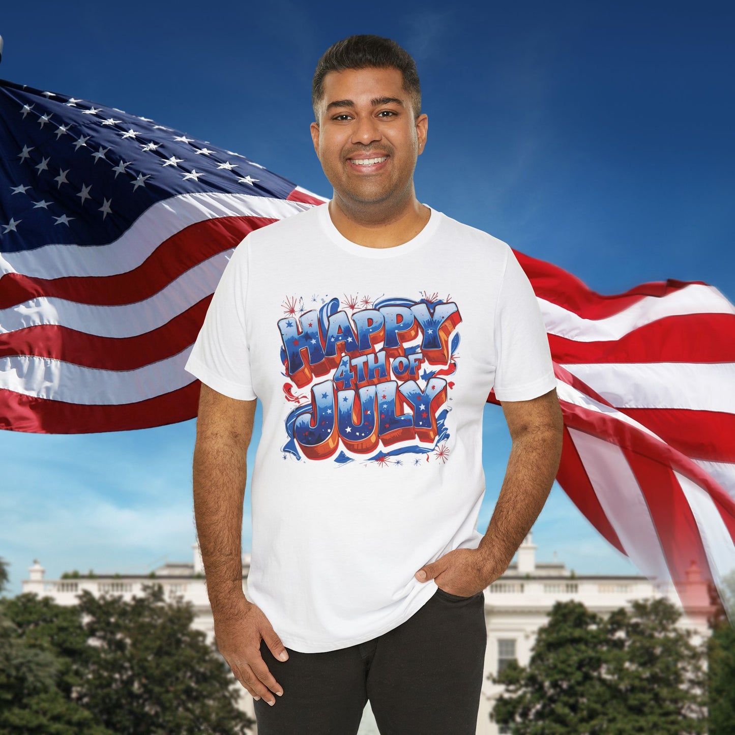 Happy 4th Of July, Print Design T-Shirt, Independence Day, American Flag, Bald Eagle, Red White Blue