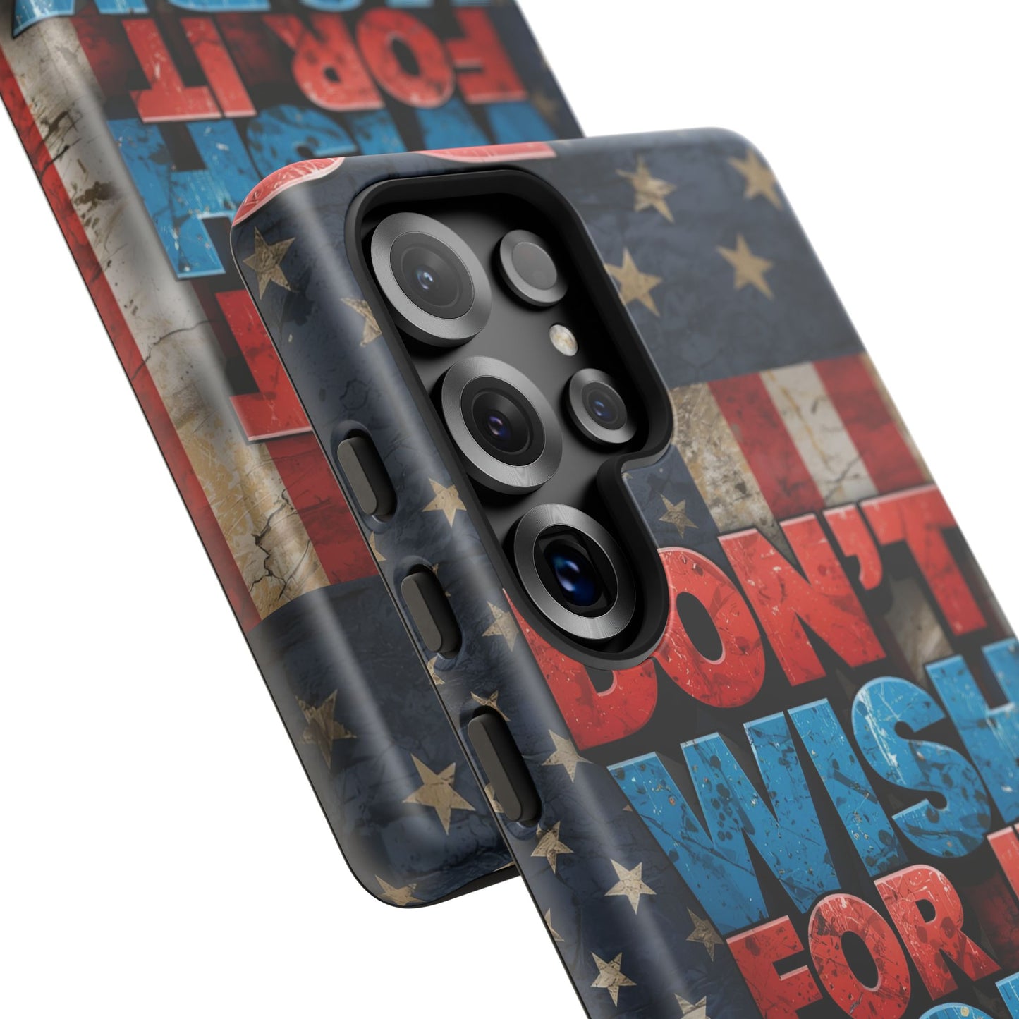 Motivational Phone Case - Don't Wish for It, Work for It | Patriotic Design, Gift for Fitness Lovers, USA Flag, Inspirational Decor