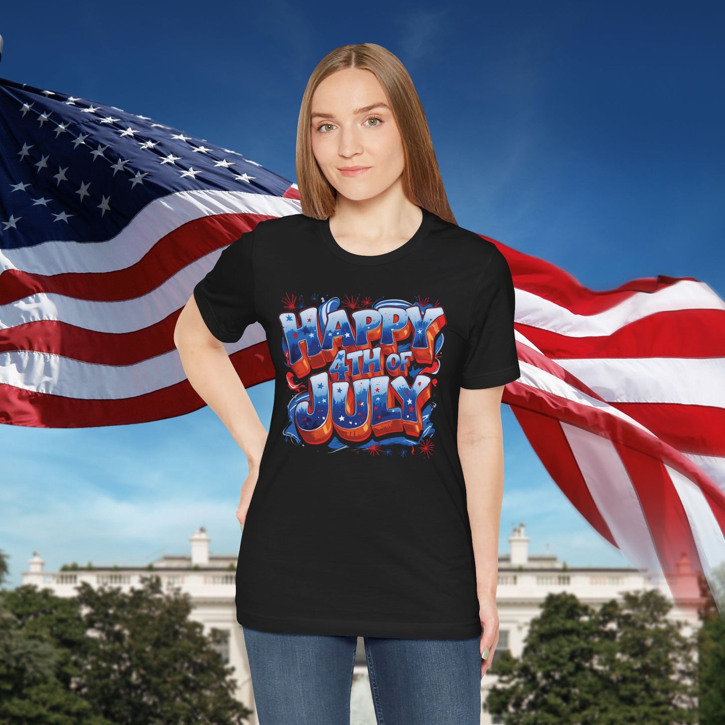 Happy 4th Of July, Print Design T-Shirt, Independence Day, American Flag, Bald Eagle, Red White Blue