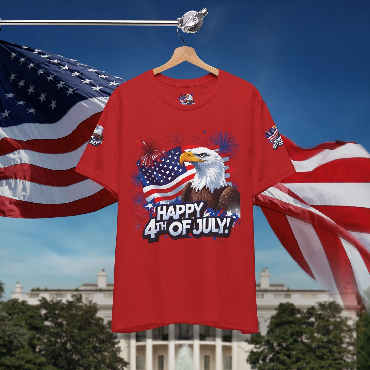 Happy 4th of July, Print Design, Unisex T-Shirt, Patriotic Print Design, Independence Day Shirt, Red White Blue Shirt, USA Tee Gift, Gift For Her, Gift For Him, American Flag, Bald Eagle
