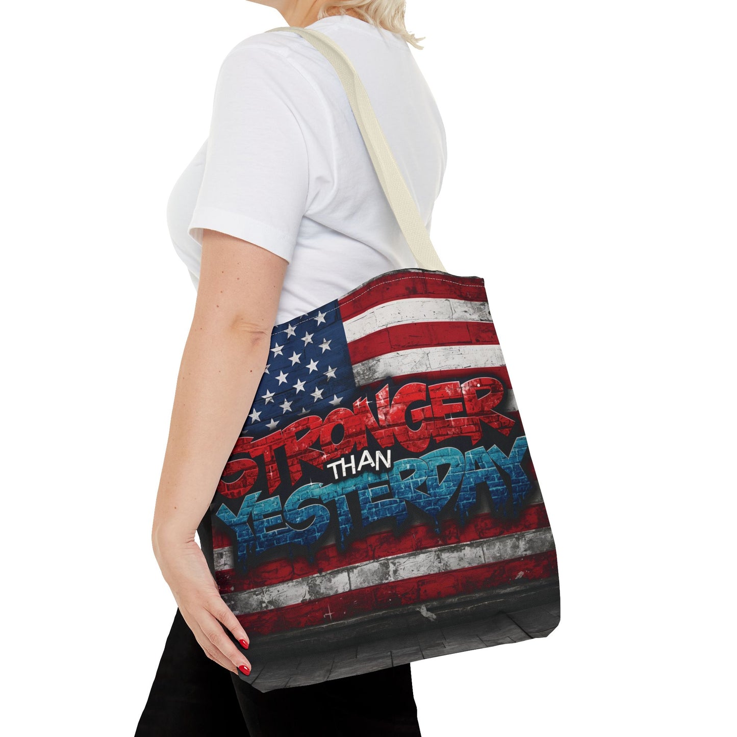 Patriotic Red White Blue Tote Bag - Stronger Than Yesterday - Perfect for Fourth of July, Gym, Beach, Shopping, Gifts