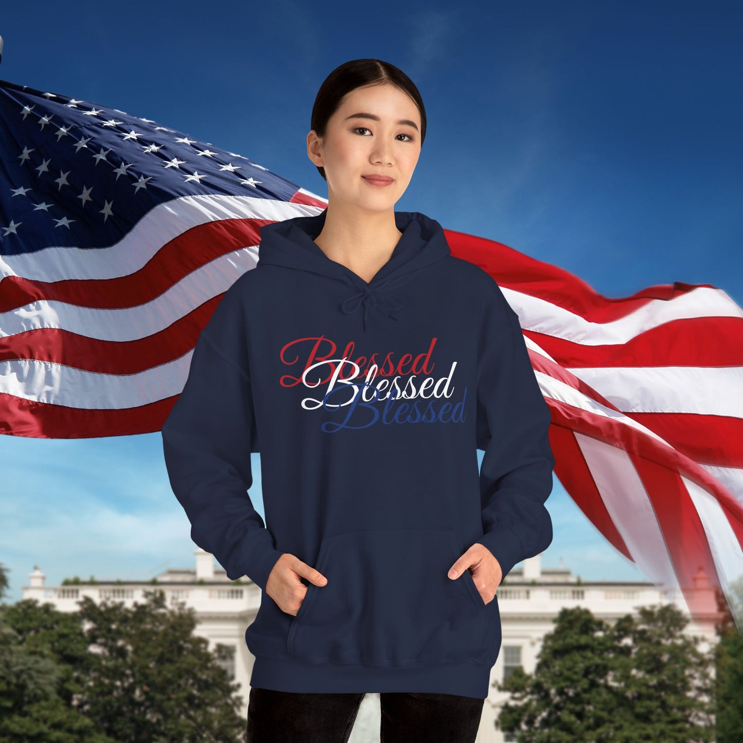 Blessed Hoodie – Patriotic Red, White & Blue Unisex Pullover Sweatshirt with Front & Back Print – Cozy, Positive Vibes Gift