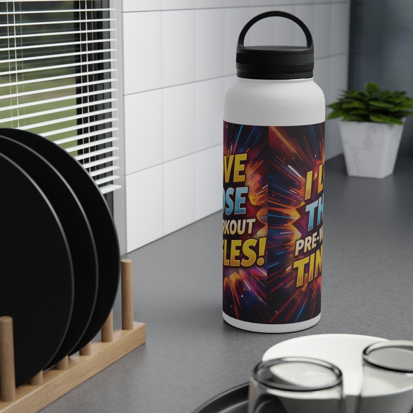 Vibrant Workout Water Bottle - I Love Those Pre-Workout Tingles! - Gym Hydration - Fitness Gift - Stainless Steel Bottle - 12oz - 18oz - 32oz - Easy Carry Handle - Holiday Gift -