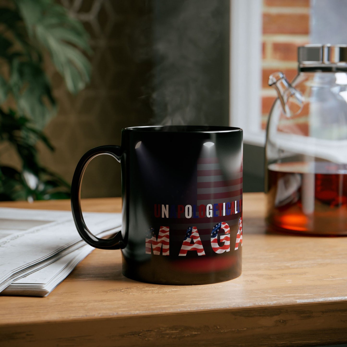 Unapologetically MAGA - Red White Blue - American Flag Spotlight Design - USA Pride - Sleek Black Ceramic Mug - 11oz - 15oz