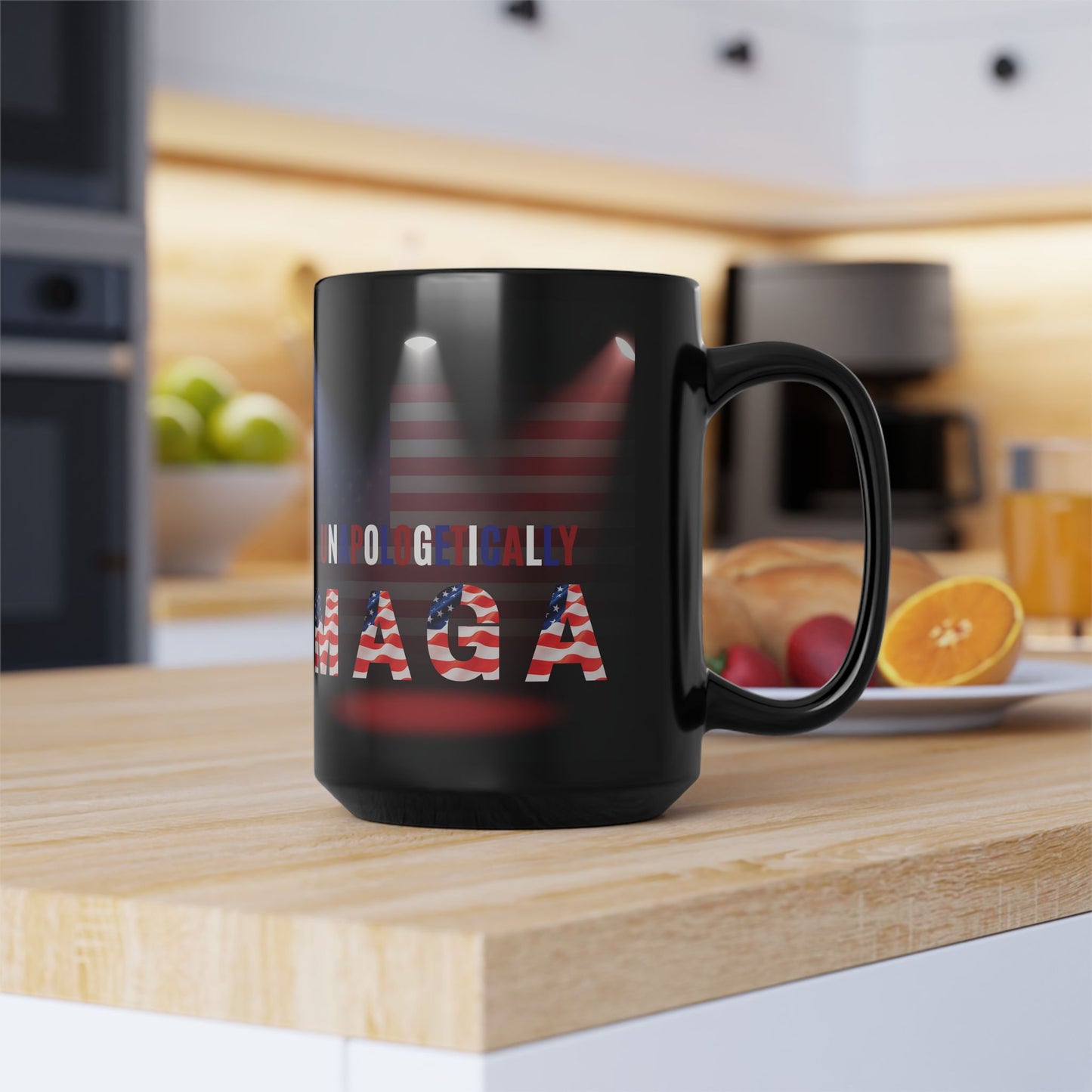 Unapologetically MAGA - Red White Blue - American Flag Spotlight Design - USA Pride - Sleek Black Ceramic Mug - 11oz - 15oz