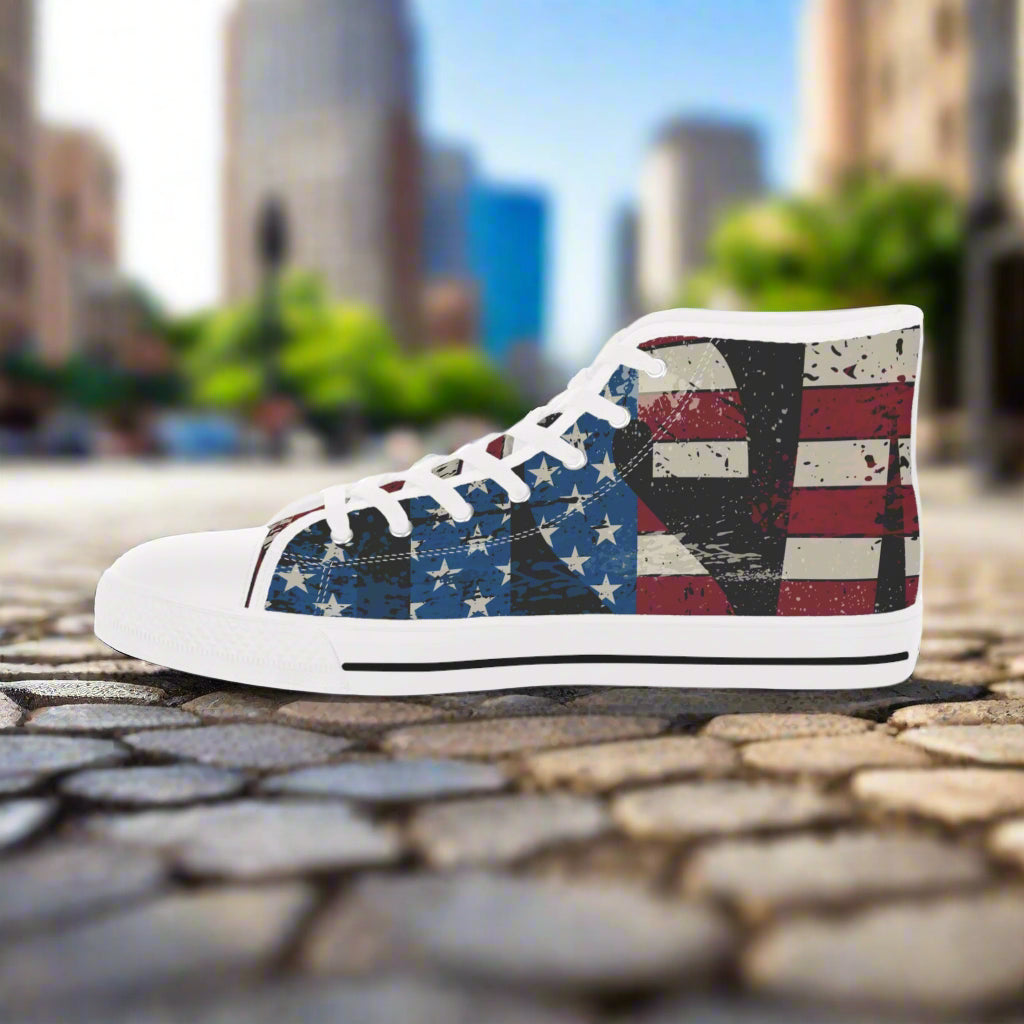 💥USA 💥 Red White & Blue 💥Unisex 💥 High Top Sneakers 💥 Patriotic Vibe 💥 Full Wrap Around Print 💥
