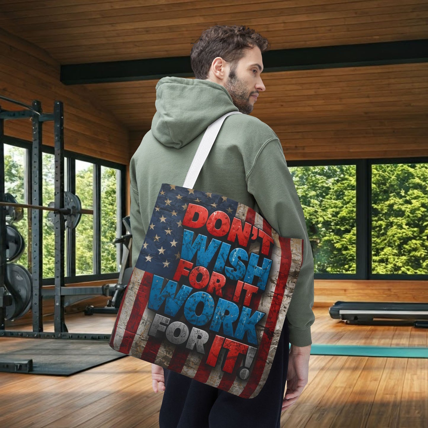 Motivational Tote Bag | American Flag Design | Don't Wish For It, Work For It | Gym, Grocery, Travel, Gifts, Everyday Carry