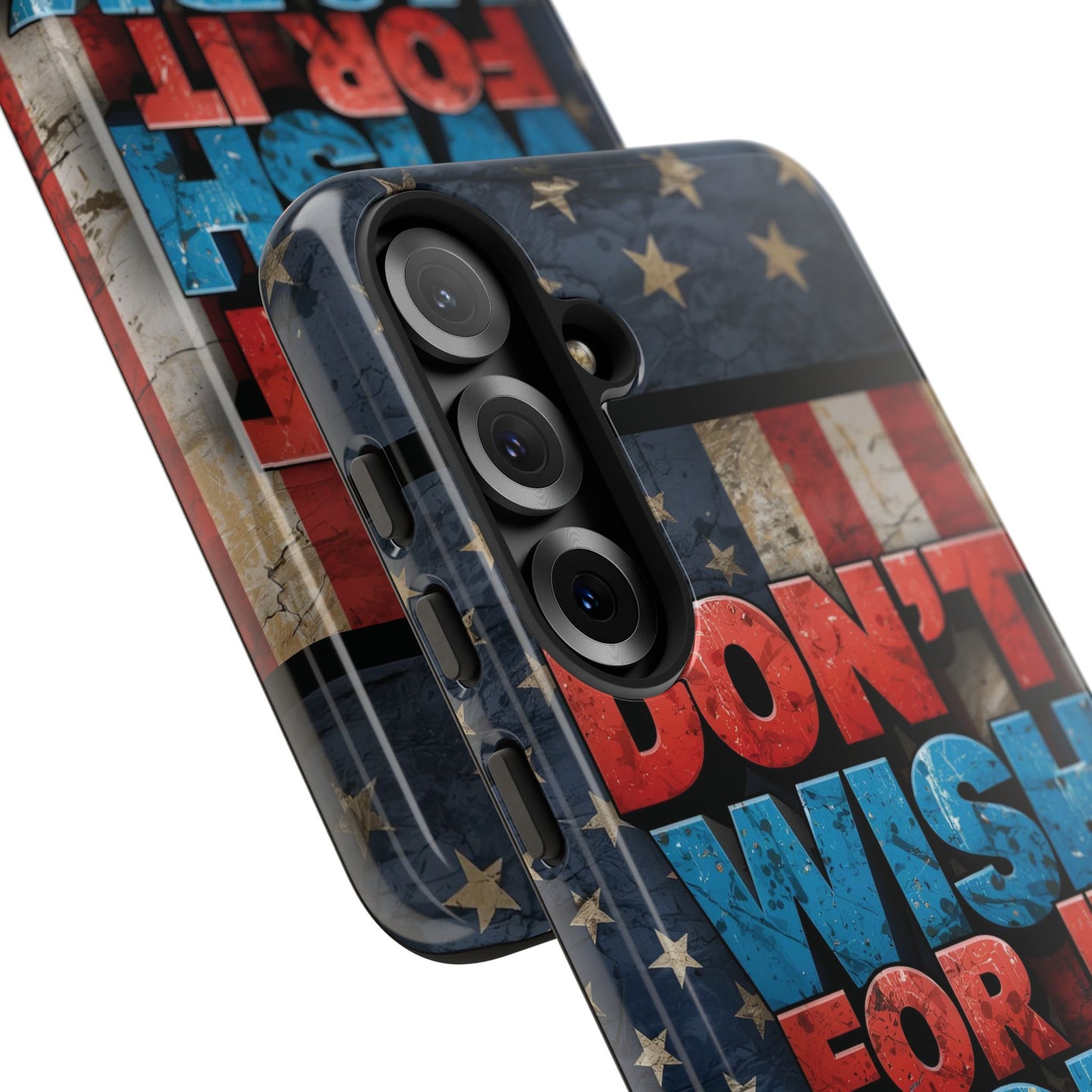 Motivational Phone Case - Don't Wish for It, Work for It | Patriotic Design, Gift for Fitness Lovers, USA Flag, Inspirational Decor