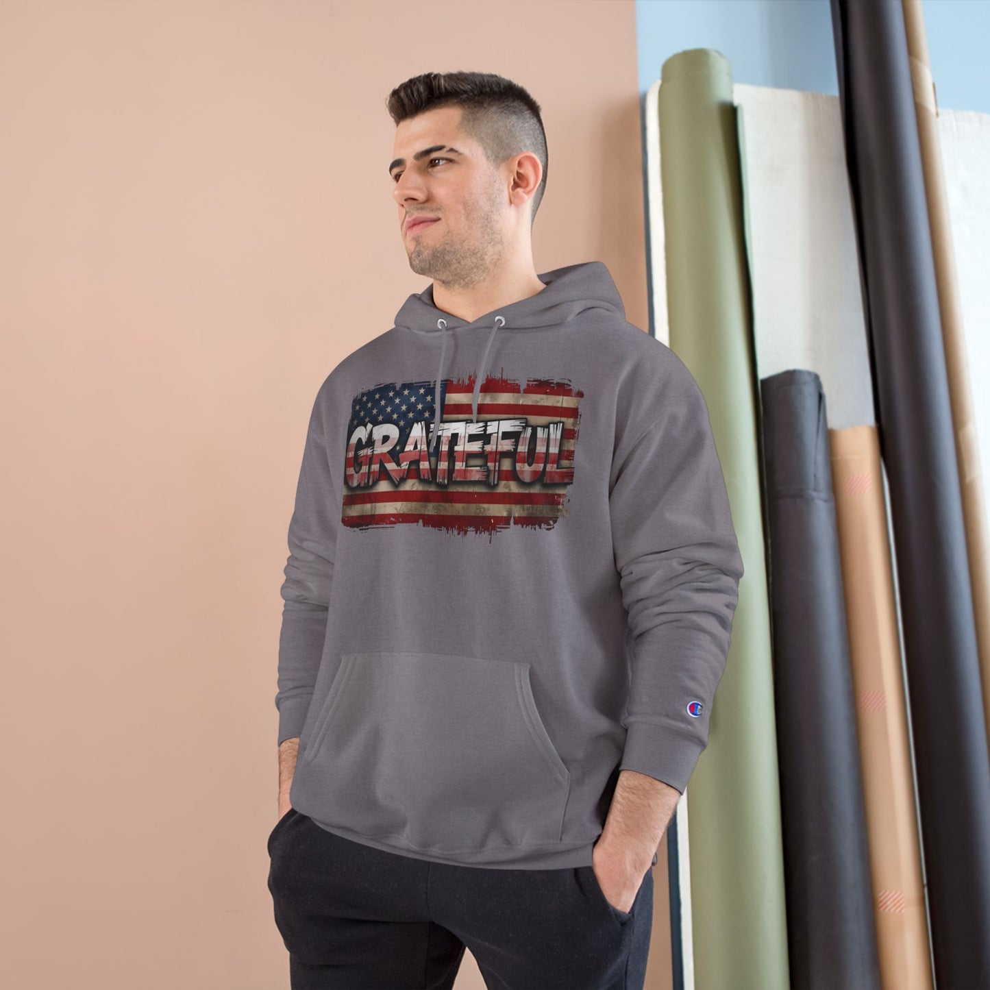Champion Hoodie - Grateful American Flag - Red White Blue Backdrop