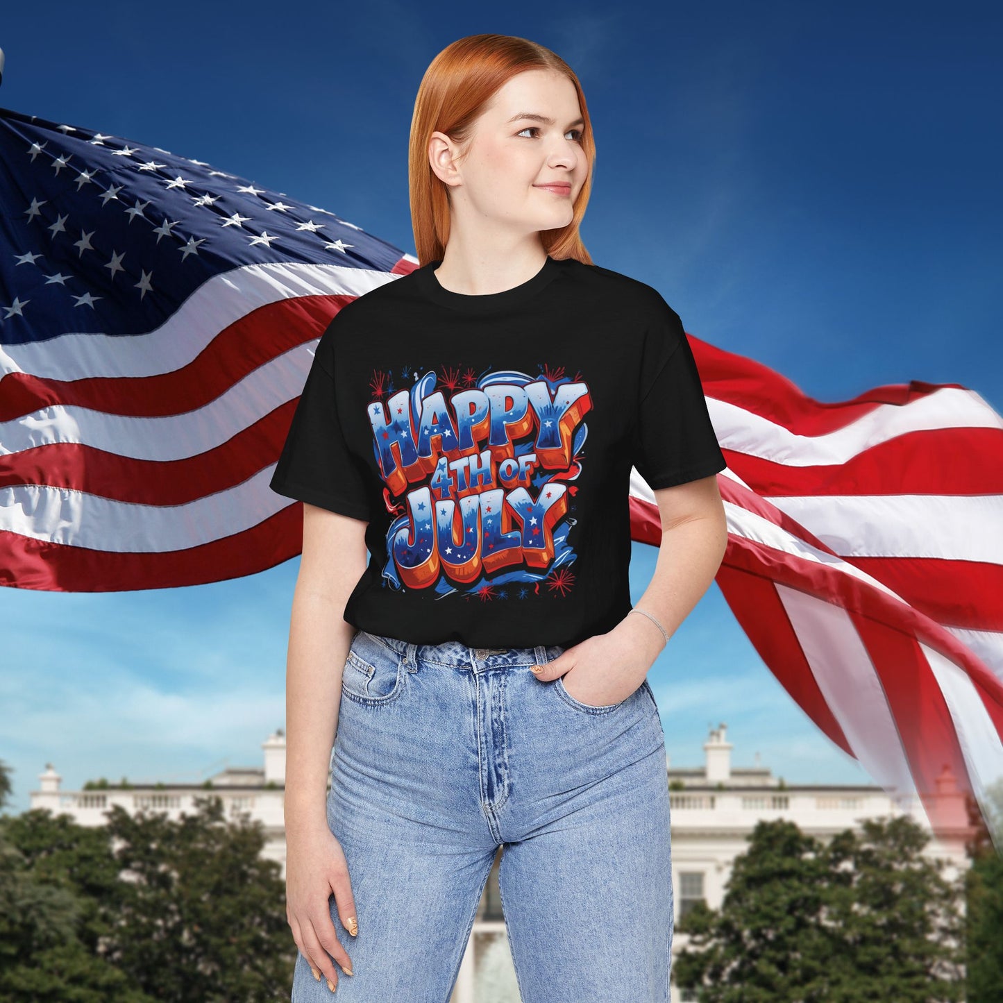 Happy 4th Of July, Print Design T-Shirt, Independence Day, American Flag, Bald Eagle, Red White Blue