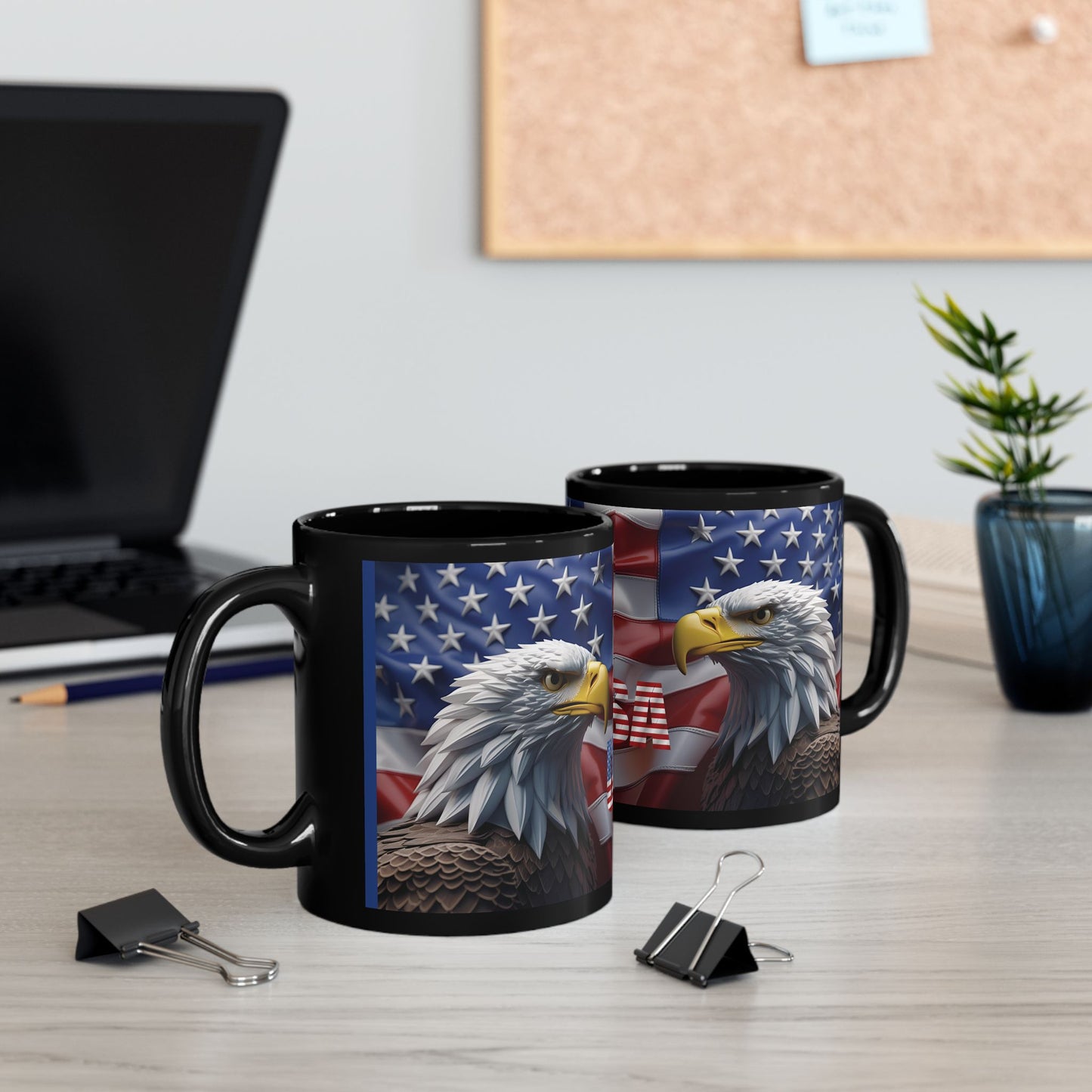Patriotic USA Bald Eagle Ceramic Coffee Mug – Red, White & Blue American Flag Cup – Black Ceramic 11oz & 15oz – Veterans Day Gift, Independence Day Decor