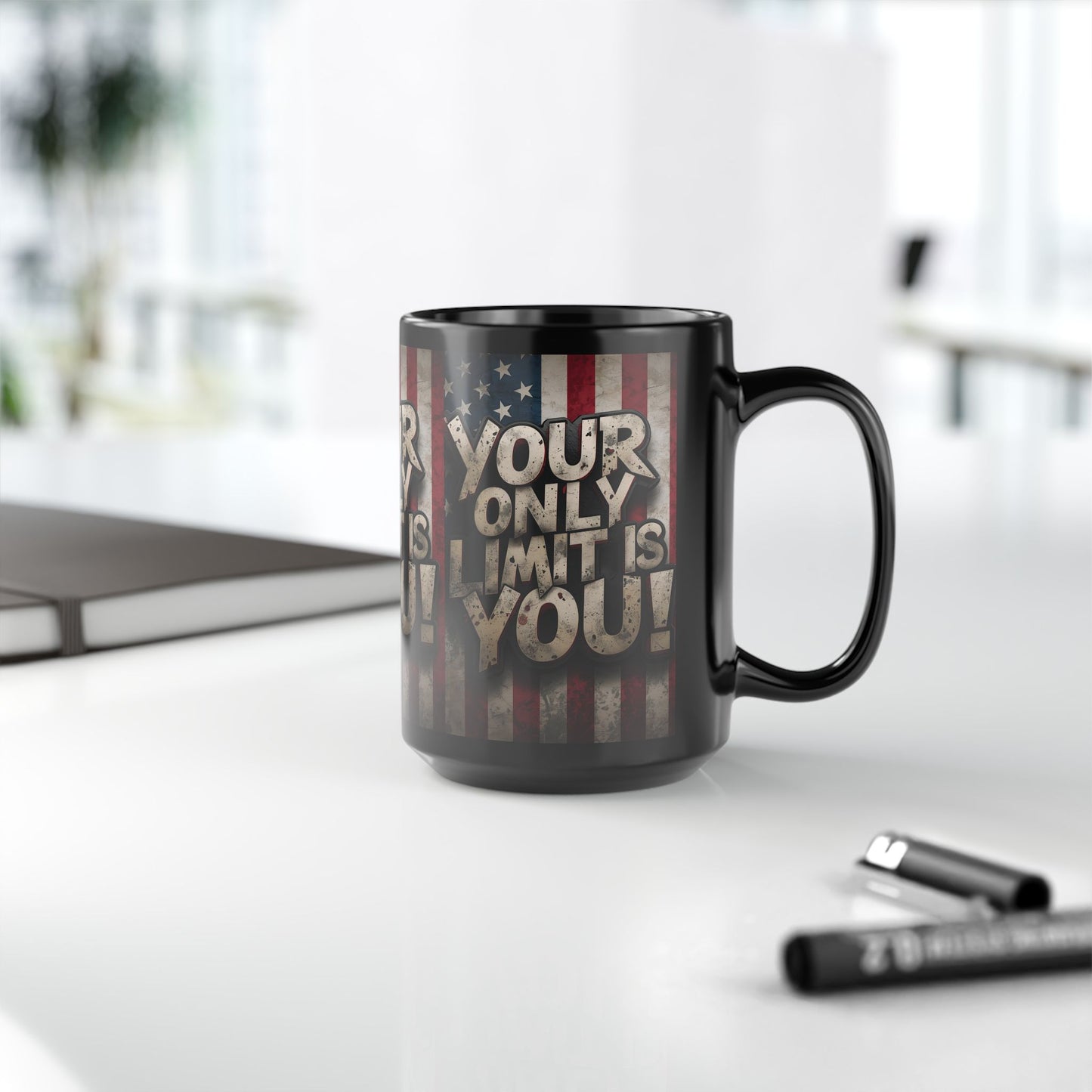 Sleek Ceramic Black Mug Inspirational Motivation American Flag Your Only Limit Is You! Design - 11oz - 15oz