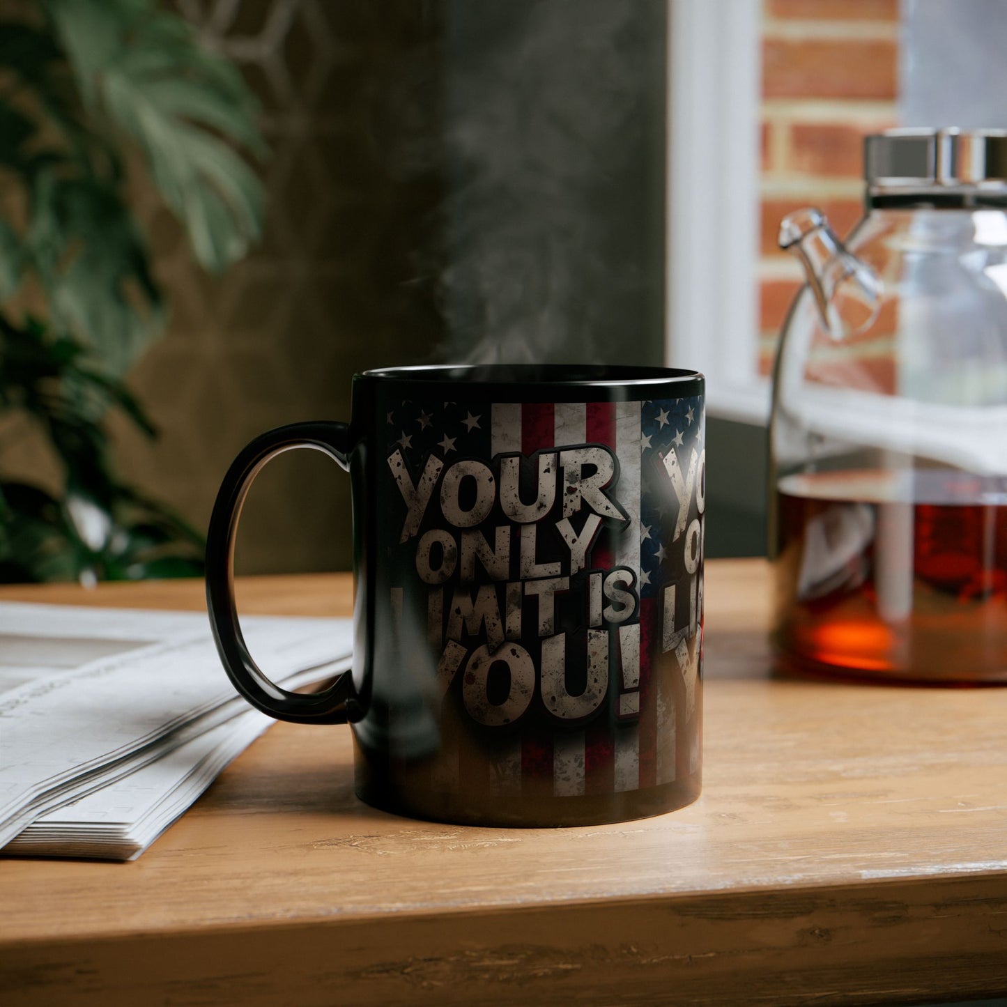 Sleek Ceramic Black Mug Inspirational Motivation American Flag Your Only Limit Is You! Design - 11oz - 15oz