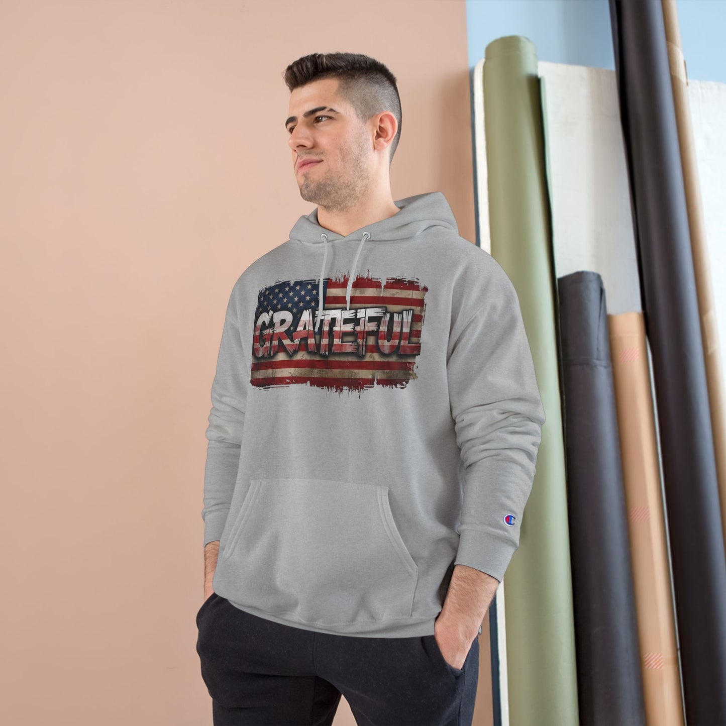 Champion Hoodie - Grateful American Flag - Red White Blue Backdrop